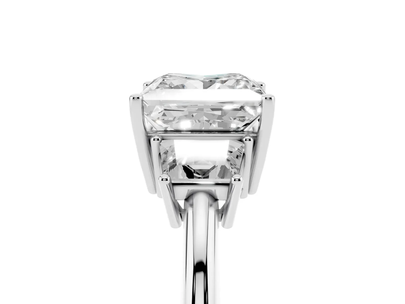Princess Cut Diamond Three-Stone Ring with Trapezoid Side Stones and Prong Setting Silver