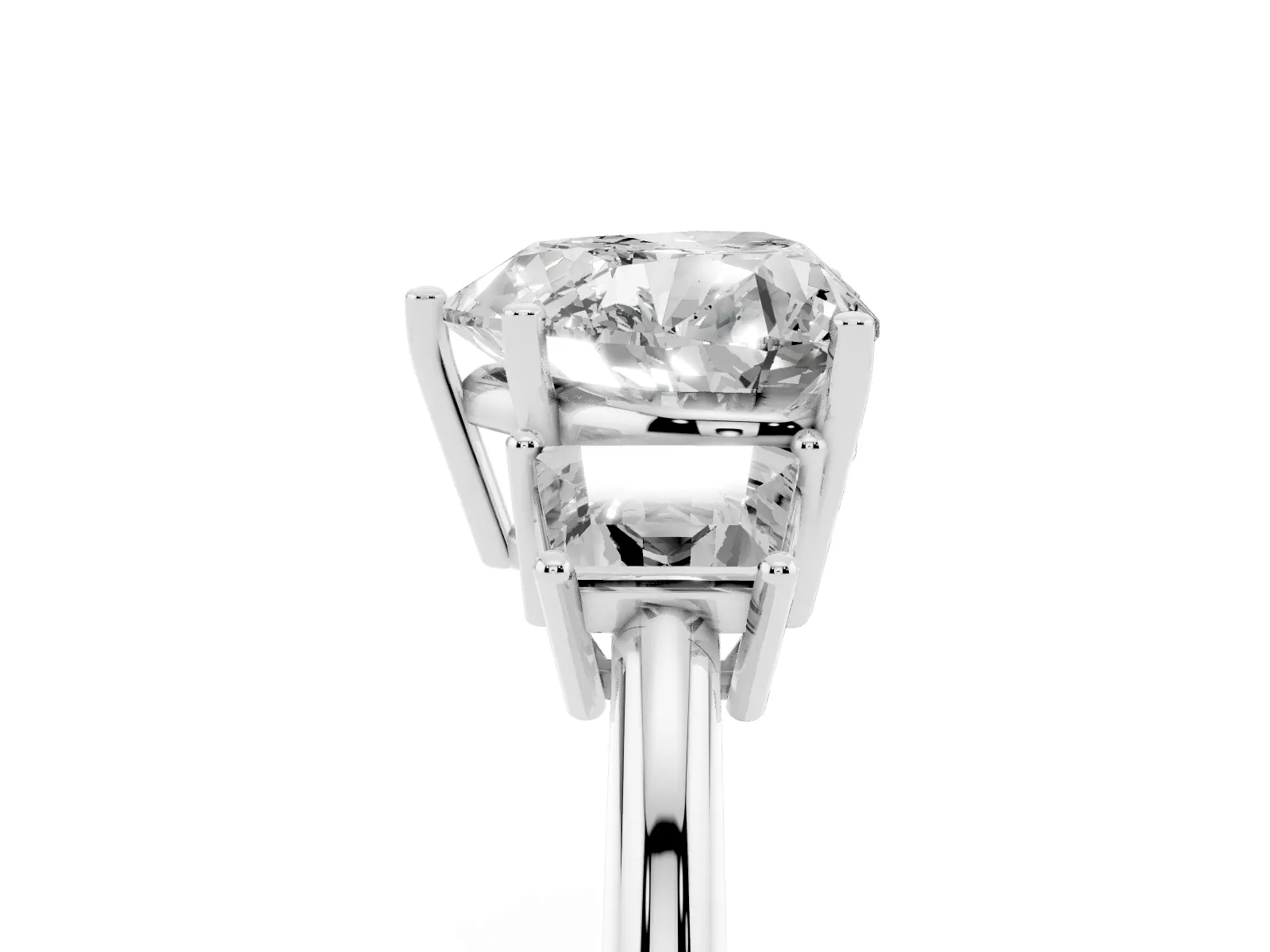 Heart Cut Diamond Three-Stone Ring with Trapezoid Side Stones and Prong Setting White gold