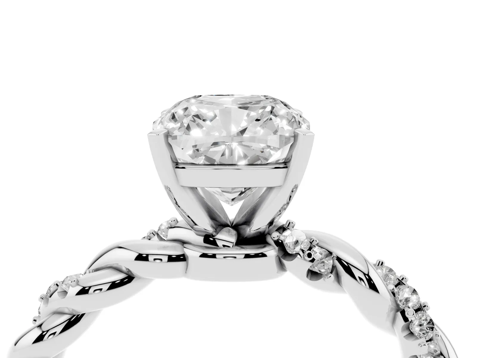 Cushion Cut Diamond Solitaire Ring with Twisted Band and Pavé Accents White gold