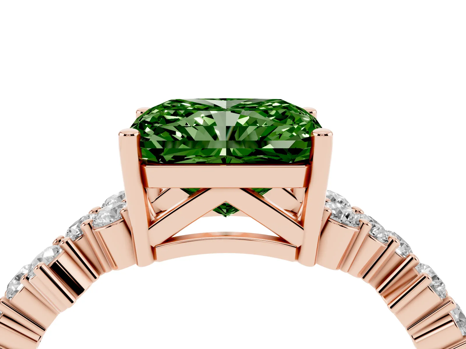 Fancy Green Radiant Cut Diamond Scattered Round Accent Ring with Prong Setting Rose gold