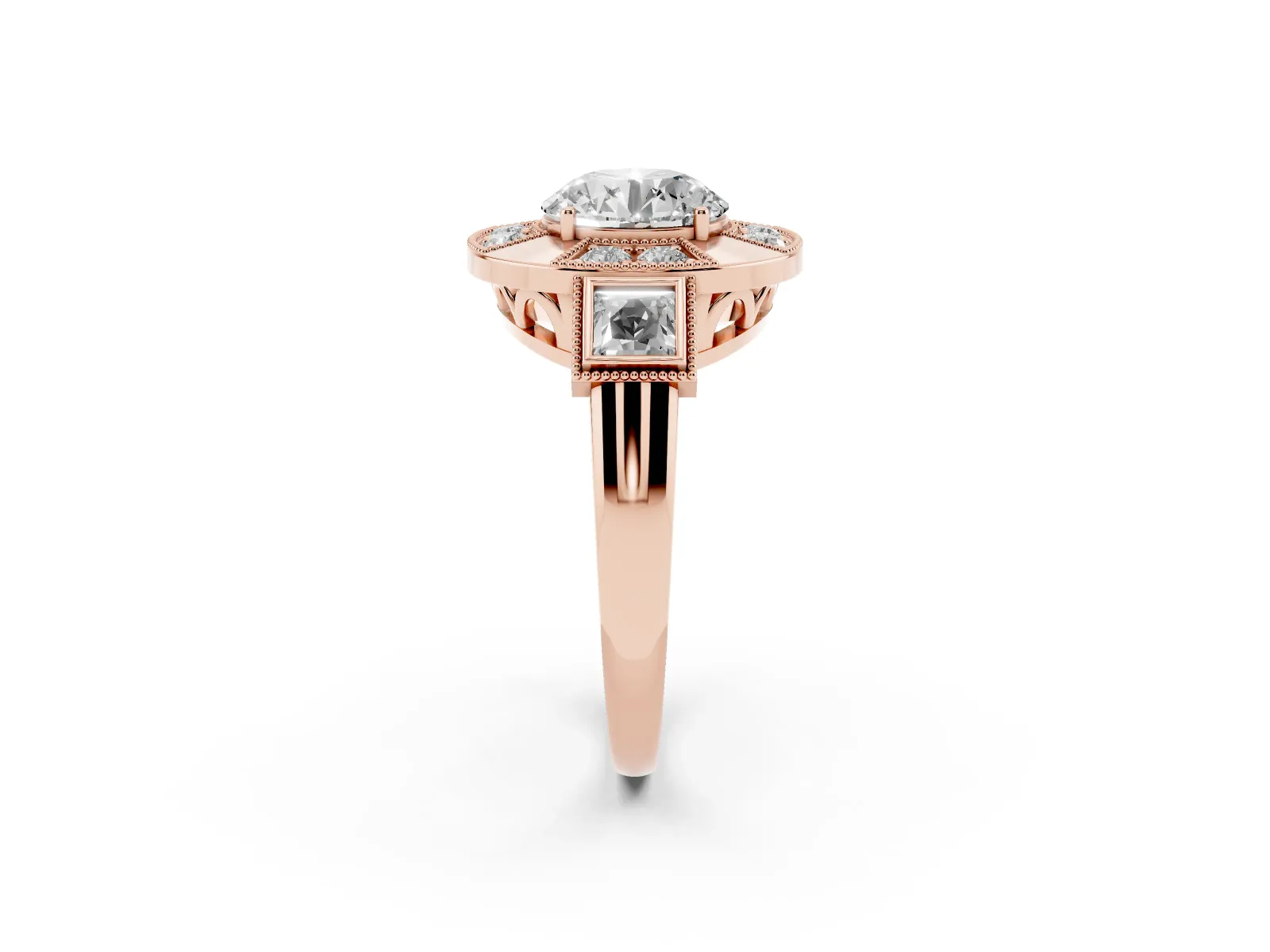 Milgrain Round Cut Diamond Halo Split Shank Ring Rose gold