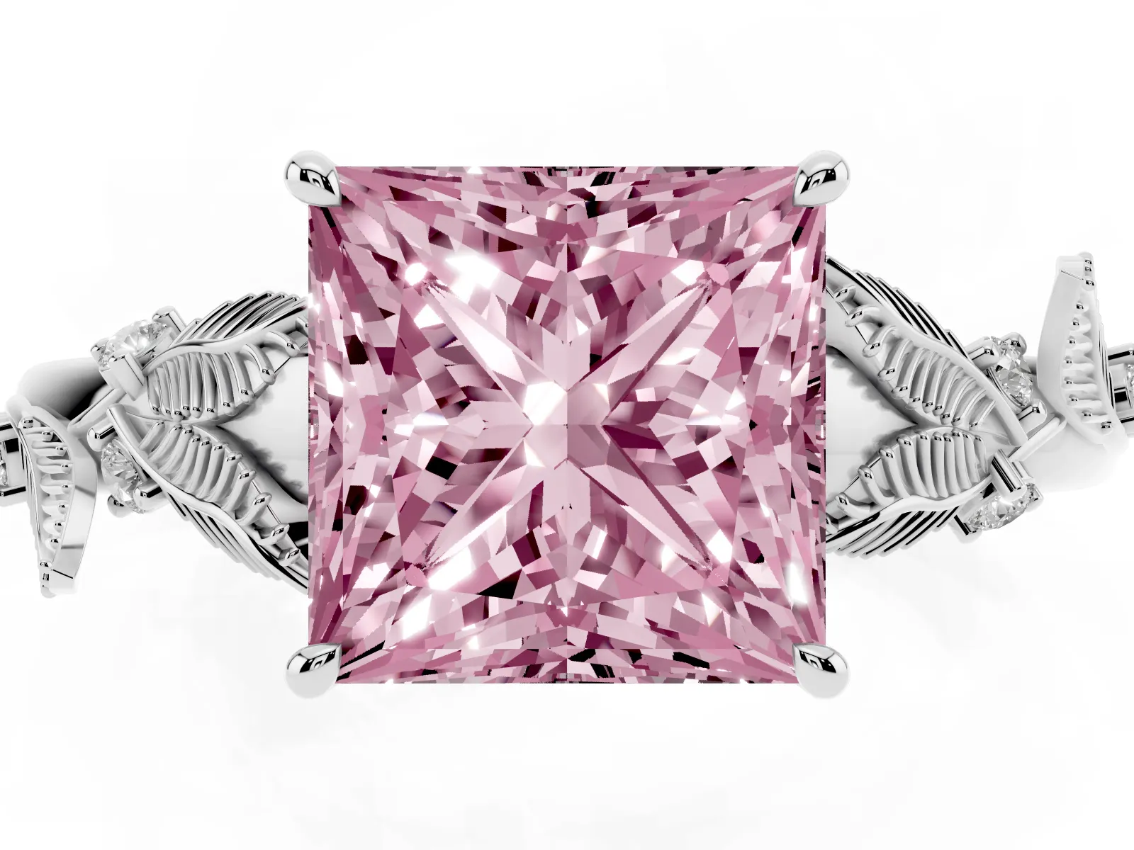 Fancy Pink Princess Cut Diamond Solitaire Ring with Leaf Motif Band and Four-Prong Setting Platinum