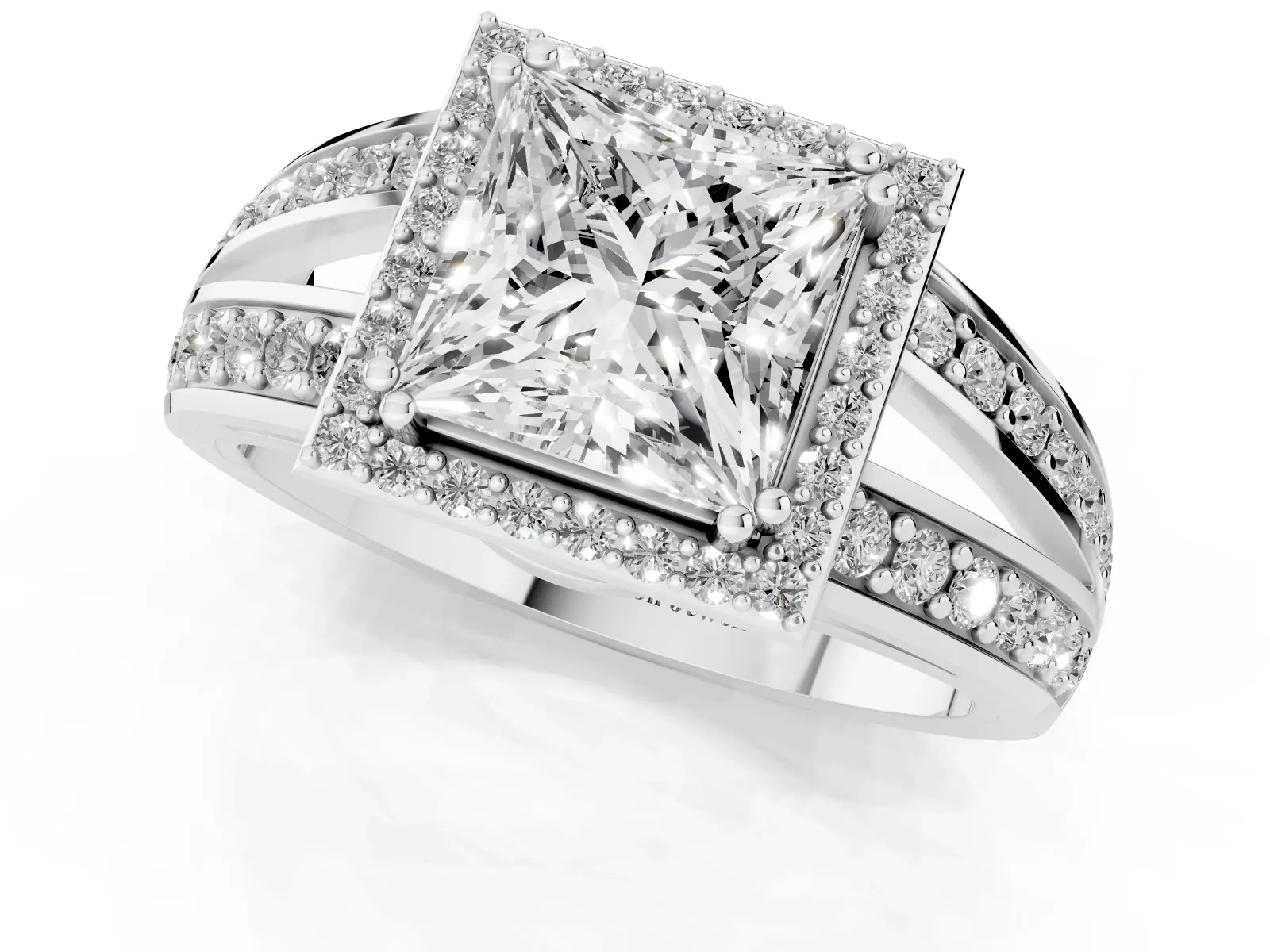 Princess Cut Diamond Halo Ring with Split Shank Pavé Band and Four-Prong Setting Platinum