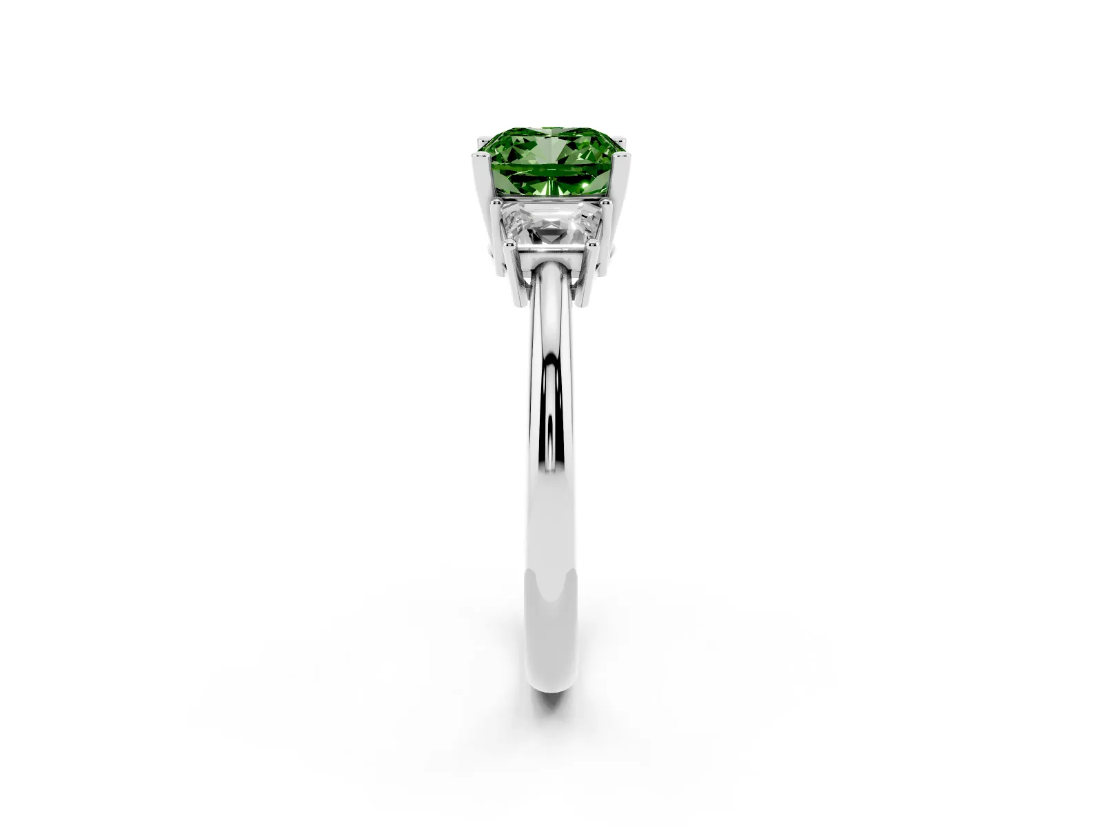 Fancy Green Cushion Cut Diamond Three-Stone Ring with Trapezoid Side Stones and Prong Setting Platinum