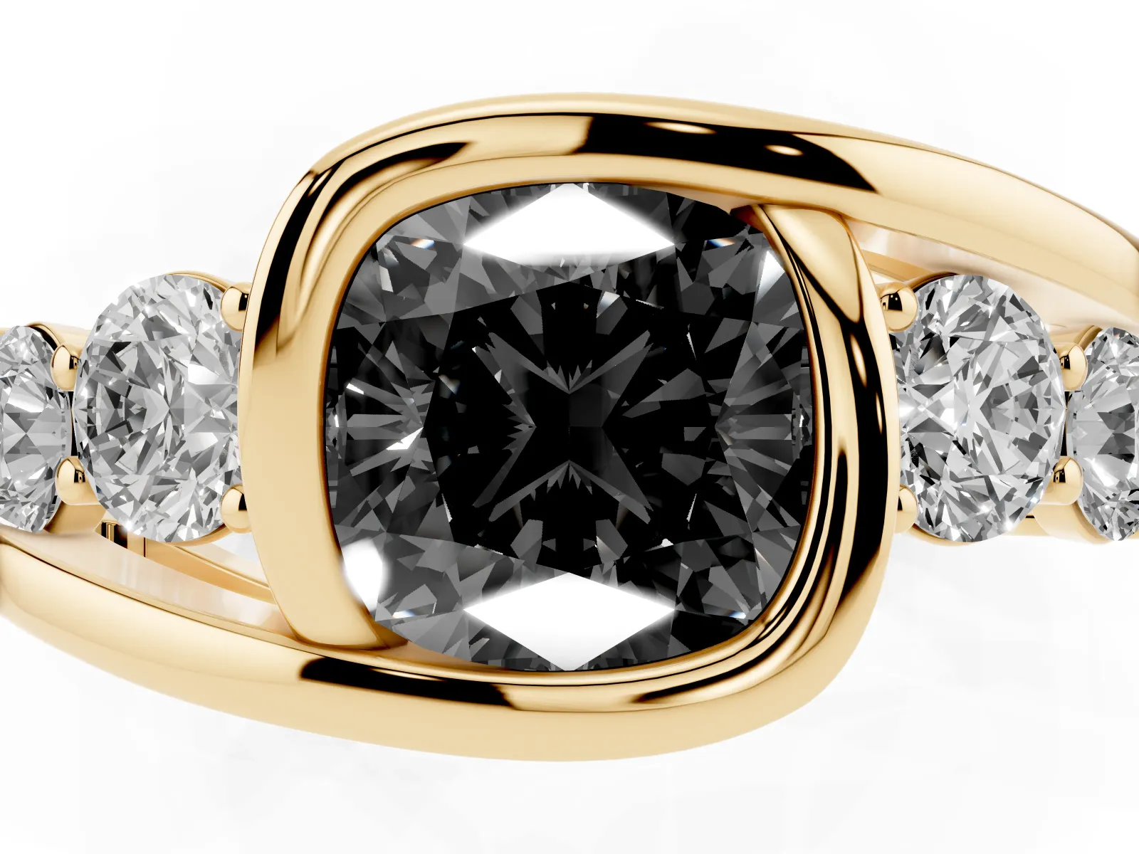 Fancy Black Bezel Set Cushion Cut Diamond Bypass Ring with Round Accents Yellow gold