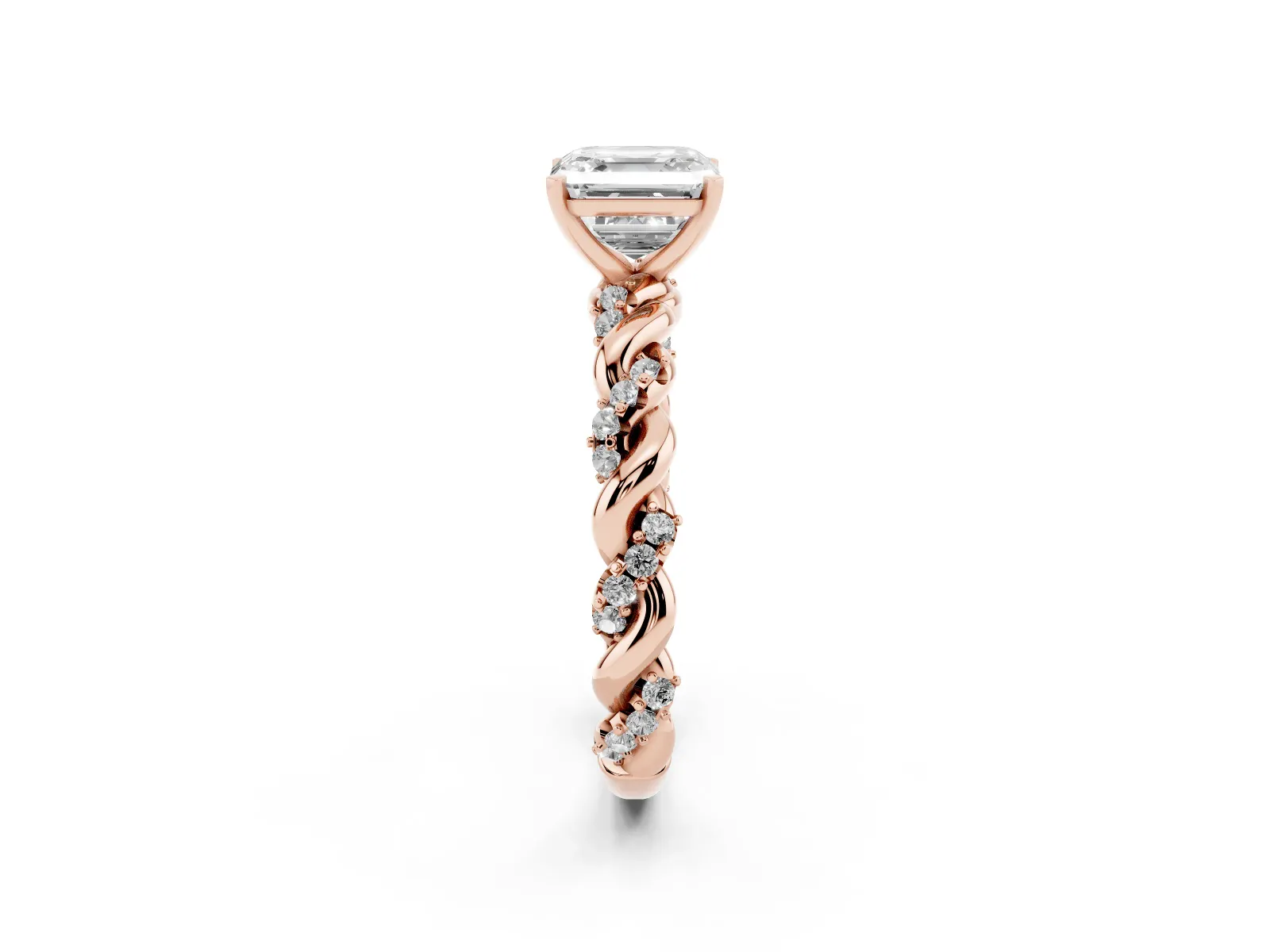 Asscher Cut Diamond Solitaire Ring with Twisted Band and Pavé Accents Rose gold
