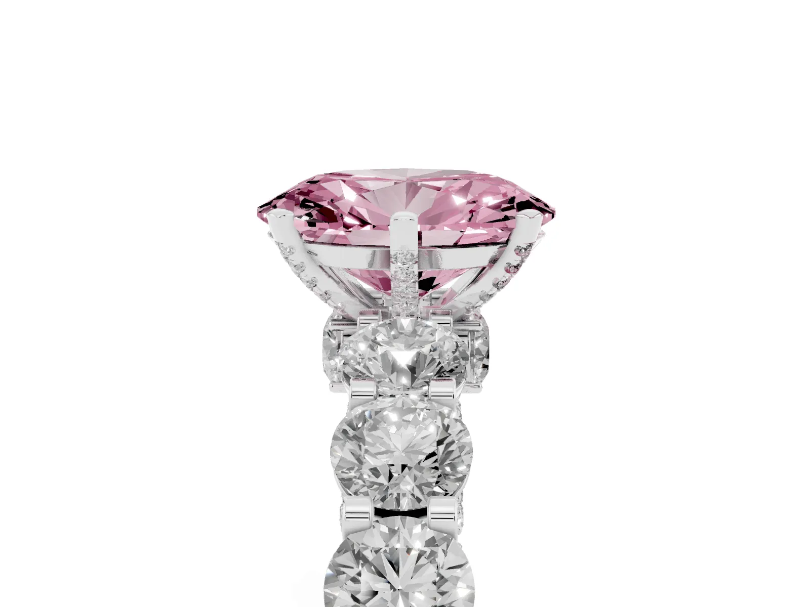 Fancy Pink Oval Cut Diamond Side Stone Engagement Ring with Four-Prong Setting Platinum
