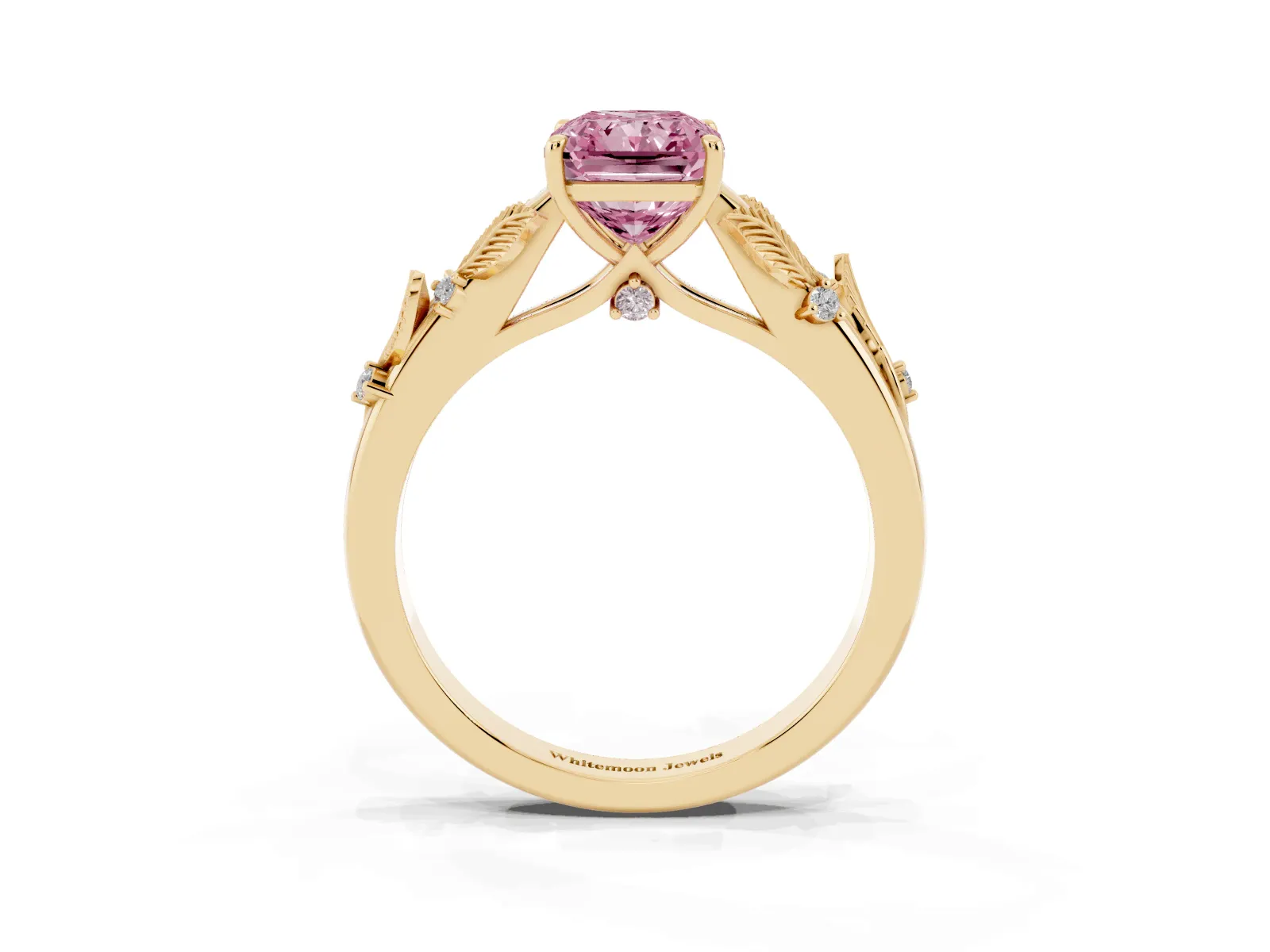 Fancy Pink Radiant Cut Diamond Solitaire Ring with Leaf Motif Band and Four-Prong Setting Yellow gold