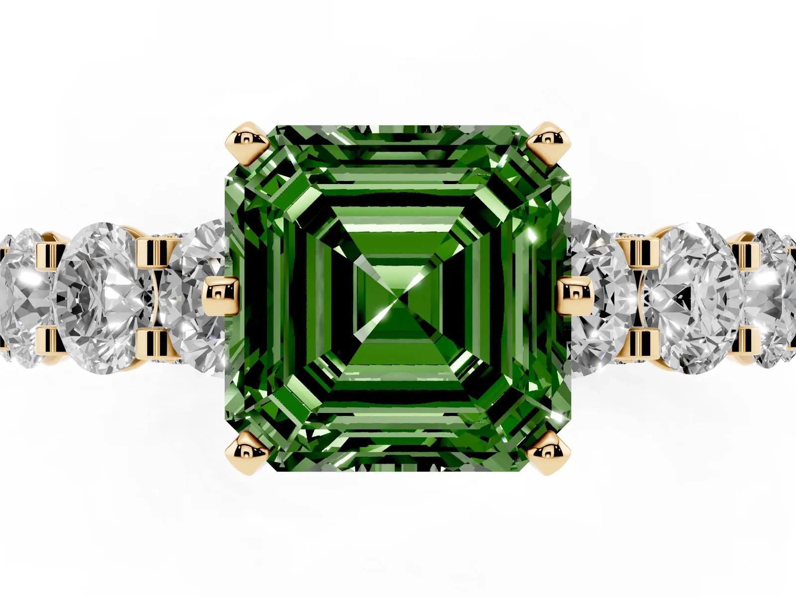 Fancy Green Asscher Cut Diamond Side Stone Engagement Ring with Four-Prong Setting Yellow gold