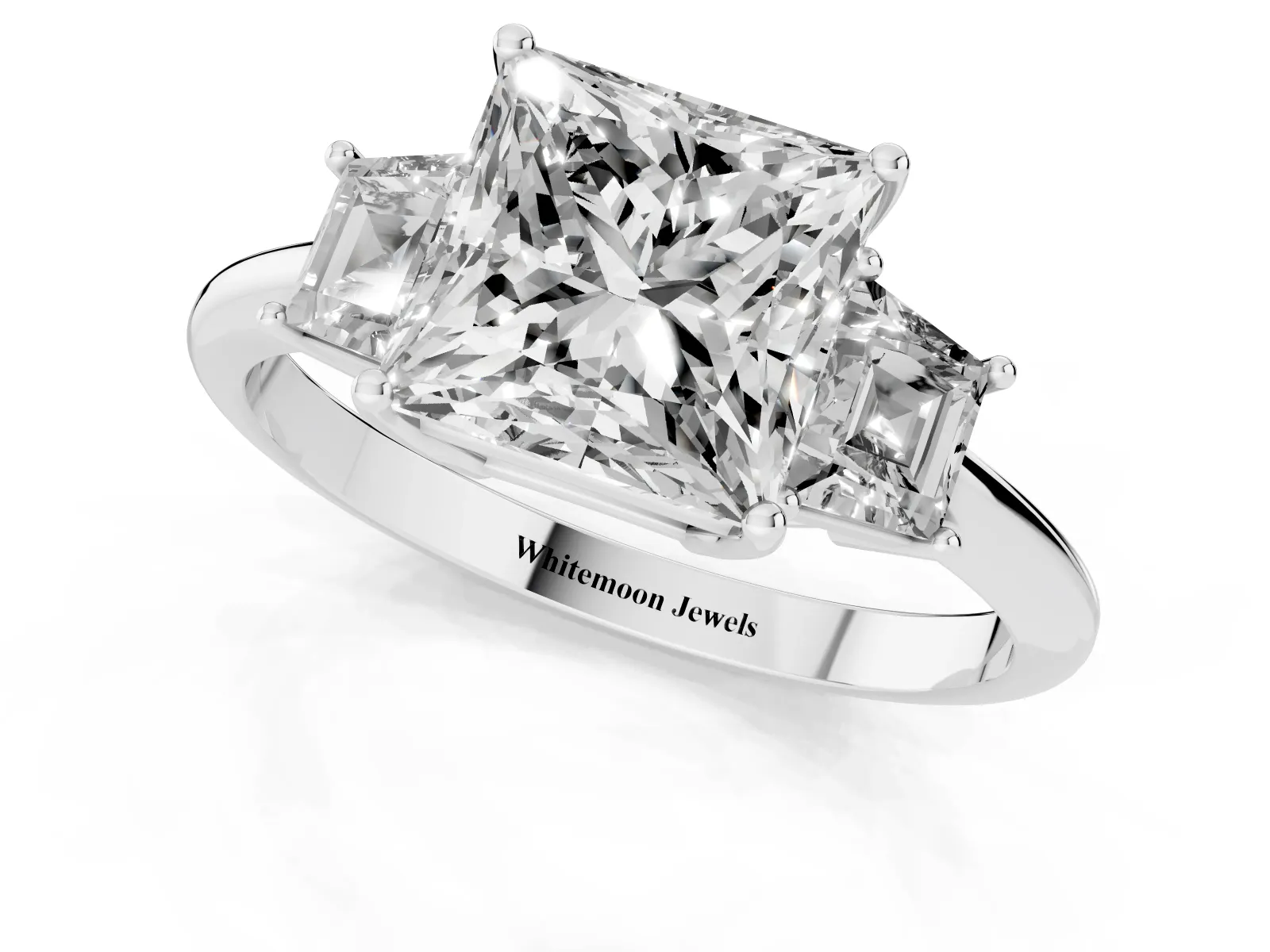 Princess Cut Diamond Three-Stone Ring with Trapezoid Side Stones and Prong Setting Silver