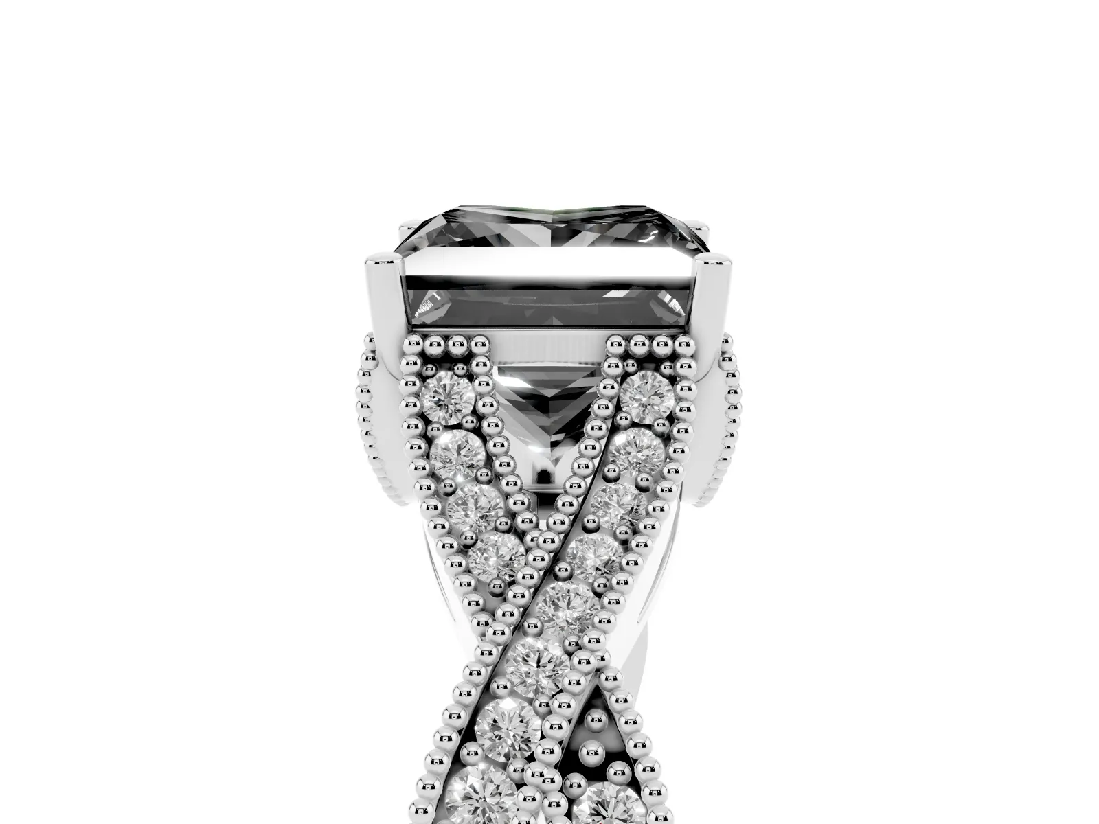 Fancy Black Princess Cut Cut Diamond Twisted Band with Milgrain Pave Setting and Four-Prong Setting Platinum