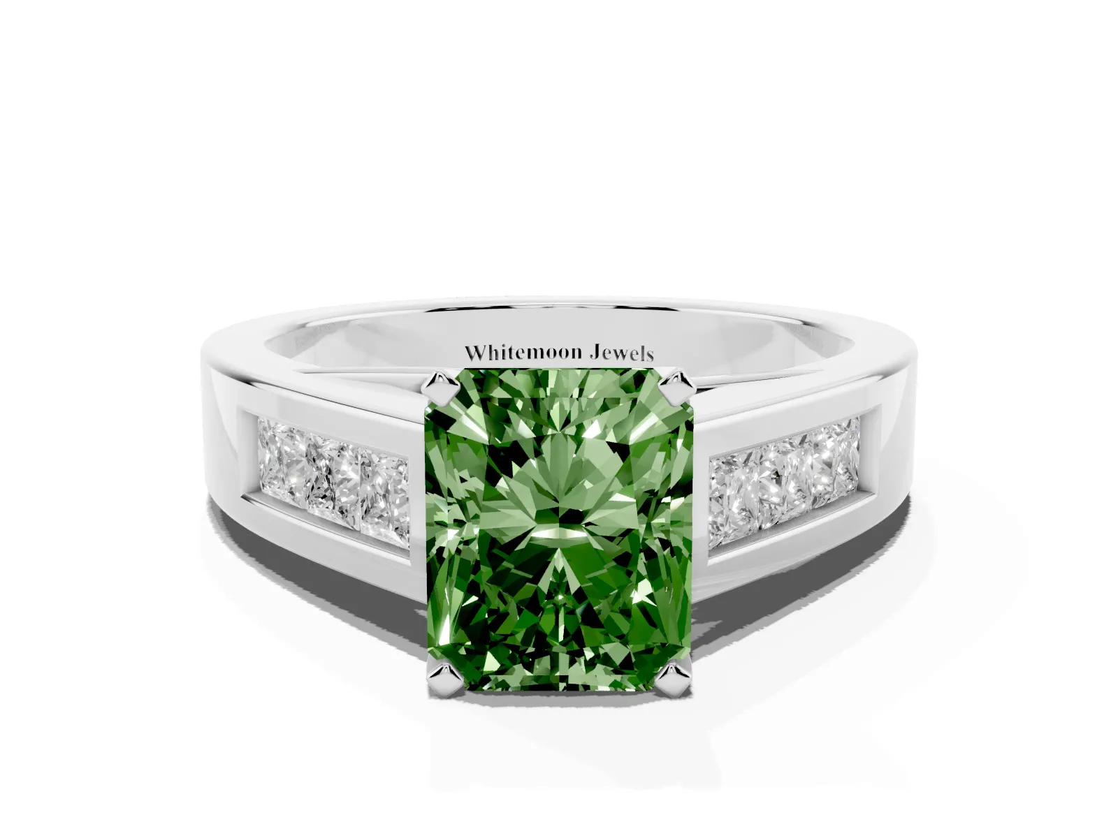 Fancy Green Radiant Cut Cut Channel Set Solitaire Ring with Four-Prong Setting Platinum