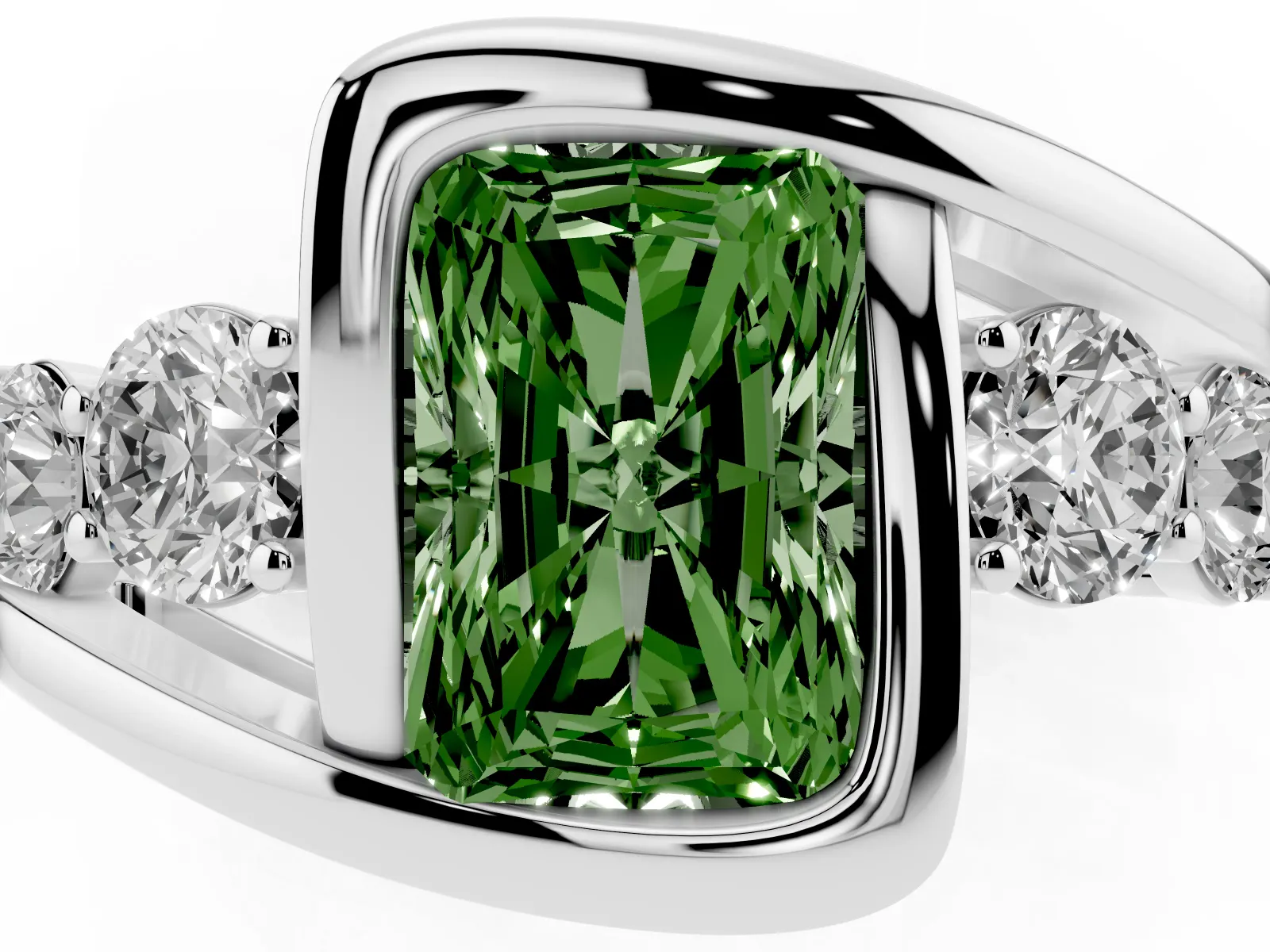 Fancy Green Bezel Set Radiant Cut Diamond Bypass Ring with Round Accents White gold