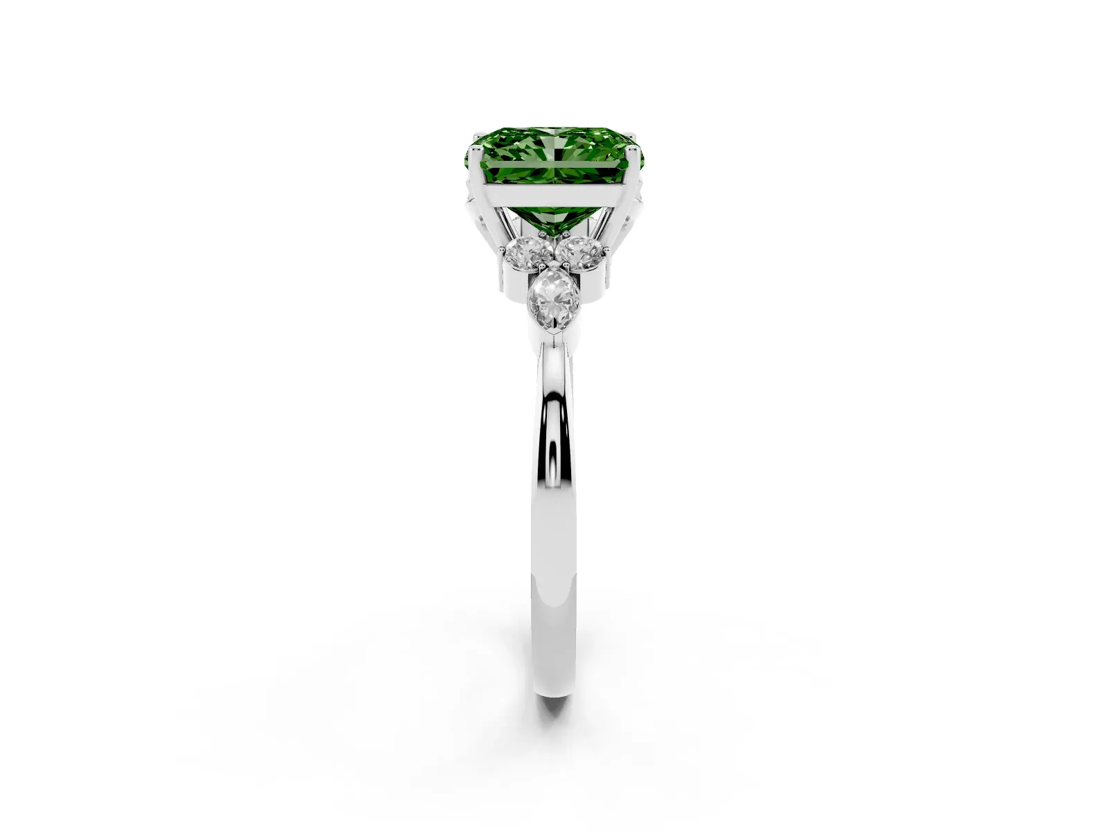 Fancy Green Radiant Cut Brilliant Diamond Solitaire Ring with Pear Side Stones and Four-Prong Setting White gold
