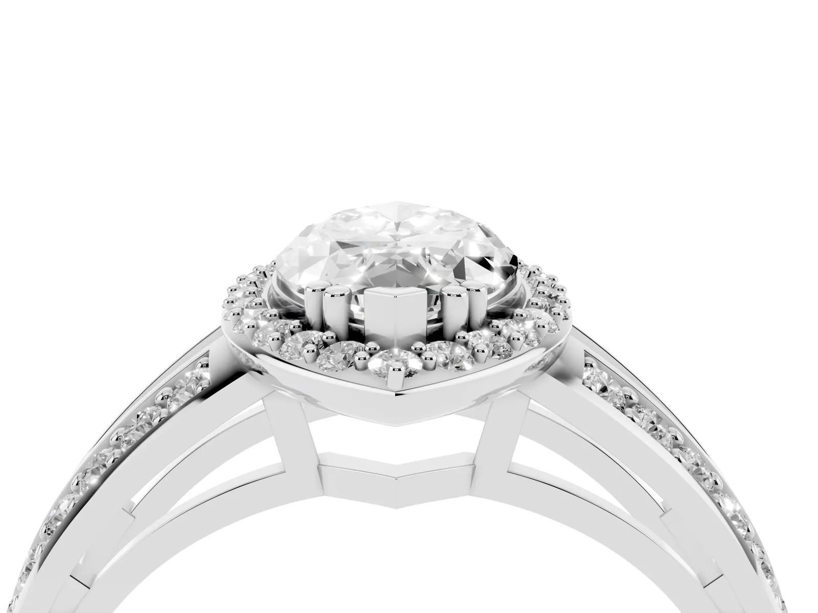 Marquise Cut Diamond Halo Ring with Split Shank Pavé Band and Four-Prong Setting White gold