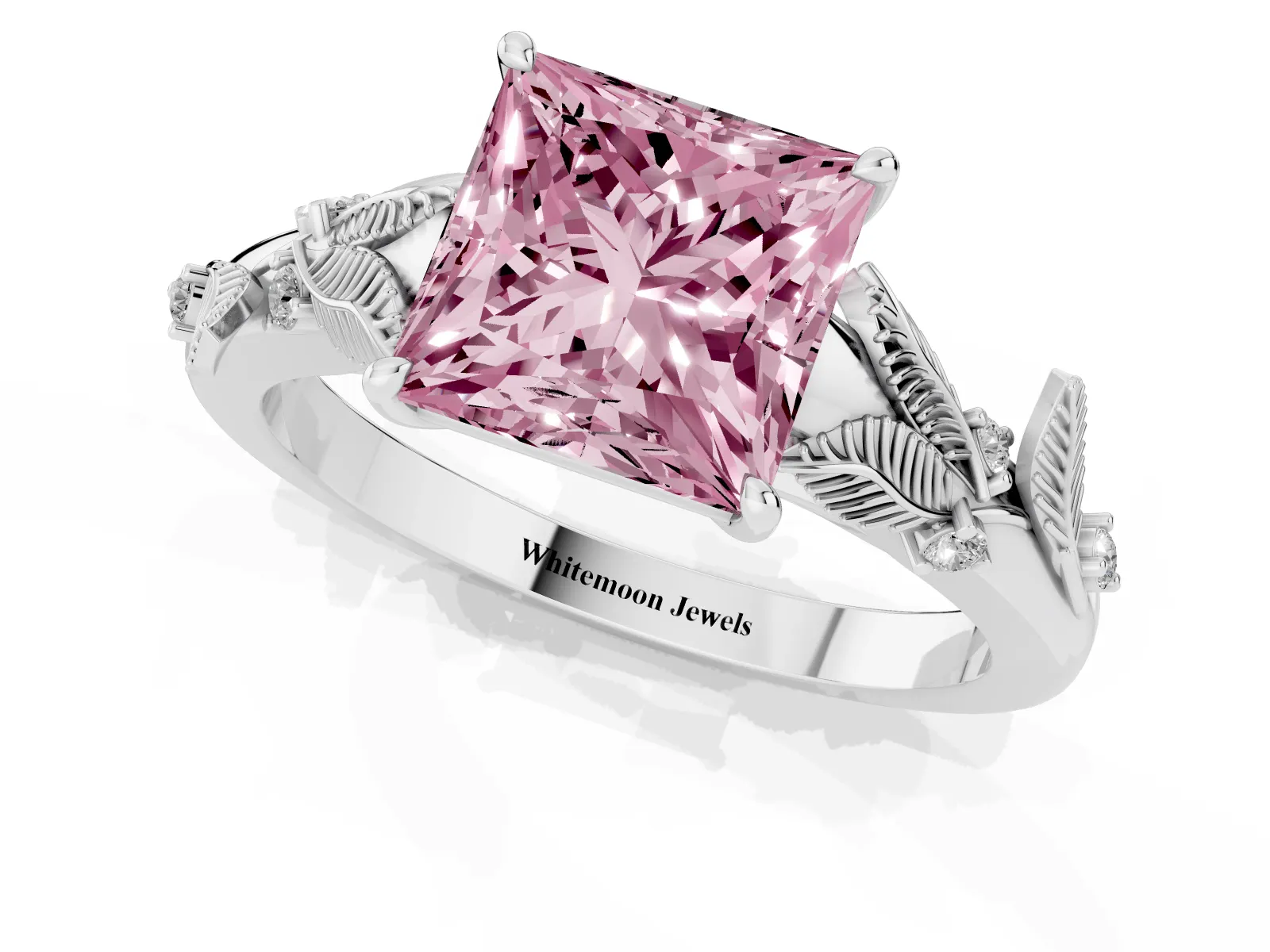 Fancy Pink Princess Cut Diamond Solitaire Ring with Leaf Motif Band and Four-Prong Setting Platinum