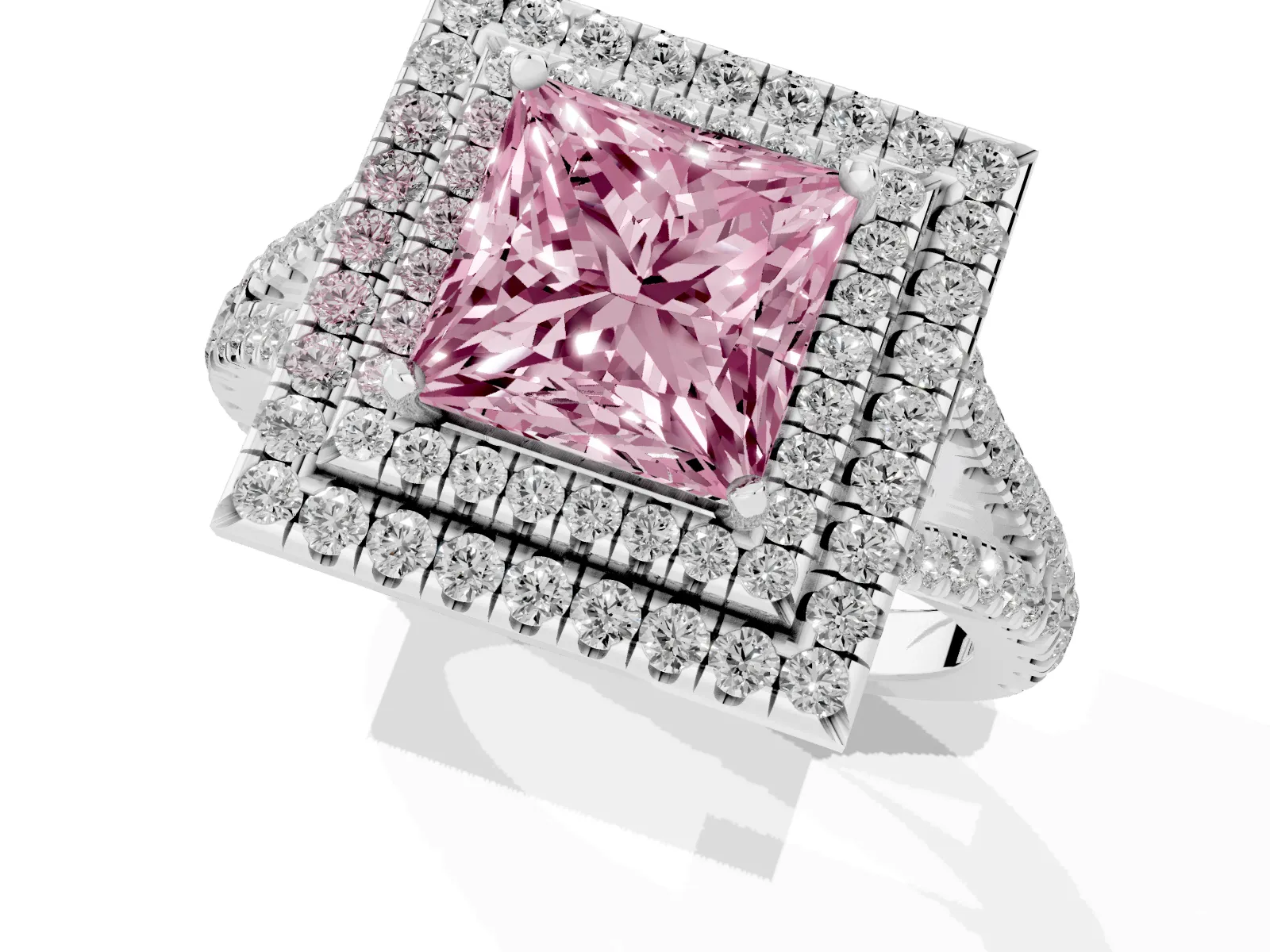Fancy Pink Princess Cut Diamond Double Halo Ring with Pavé Band and Prong Setting Platinum