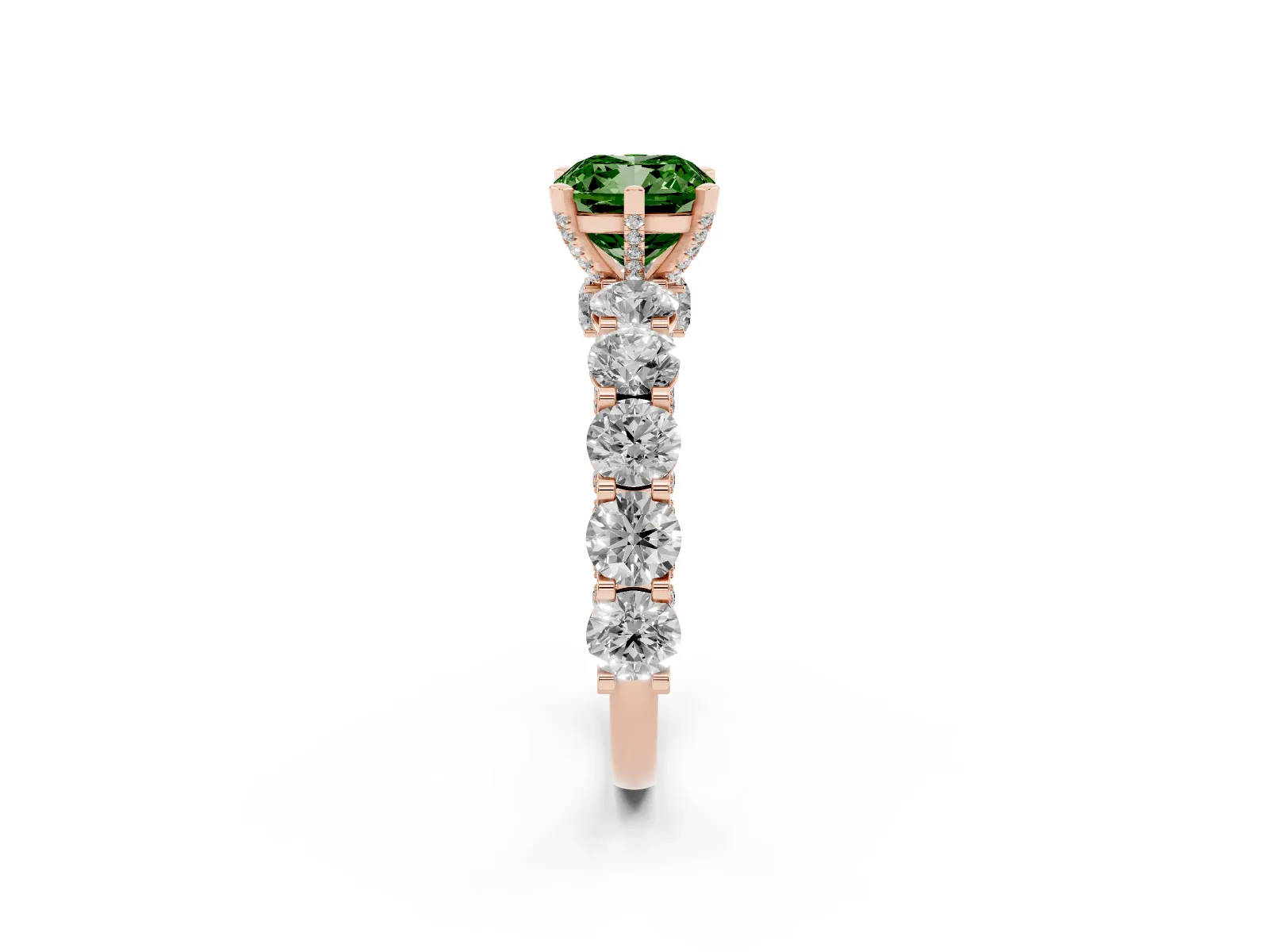 Fancy Green Cushion Cut Diamond Side Stone Engagement Ring with Four-Prong Setting Rose gold