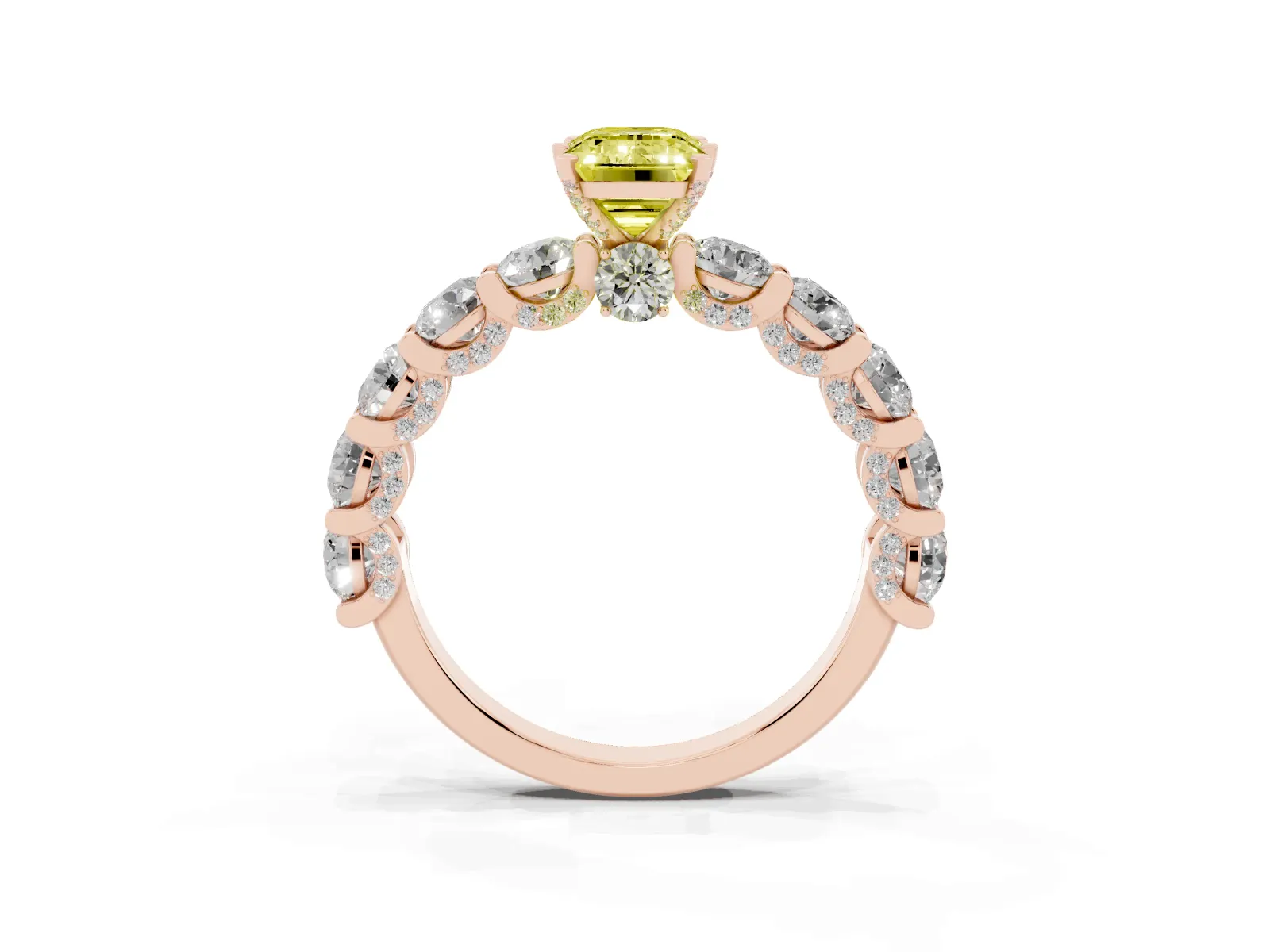 Fancy Yellow Emerald Cut Diamond Side Stone Engagement Ring with Four-Prong Setting Rose gold