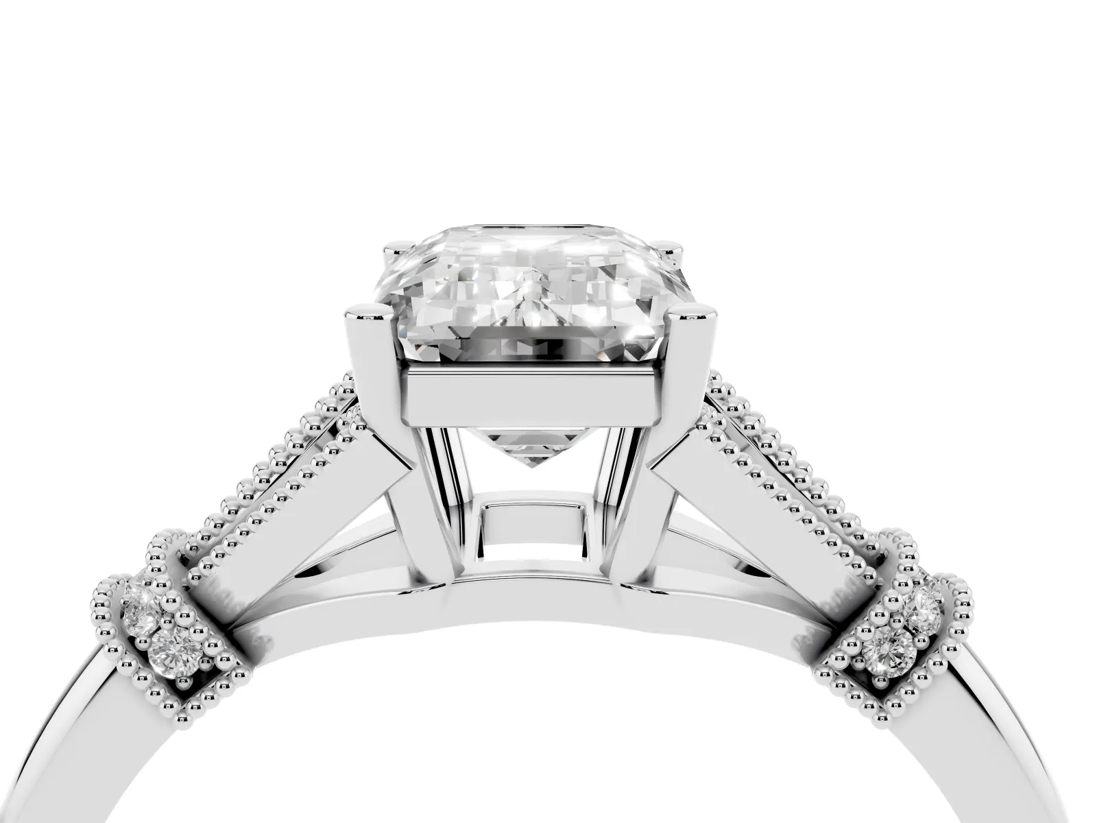 Emerald Cut Diamond Solitaire Ring with Floral Filigree and Pave Accents Platinum
