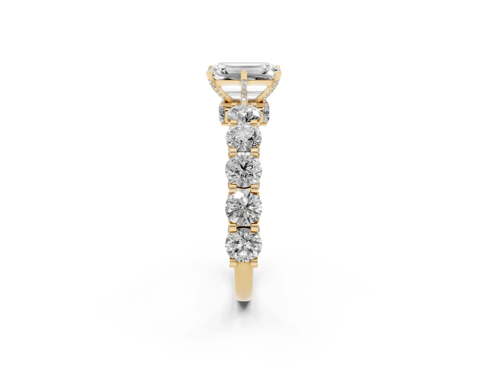 Emerald Cut Diamond Side Stone Engagement Ring with Four-Prong Setting Yellow gold
