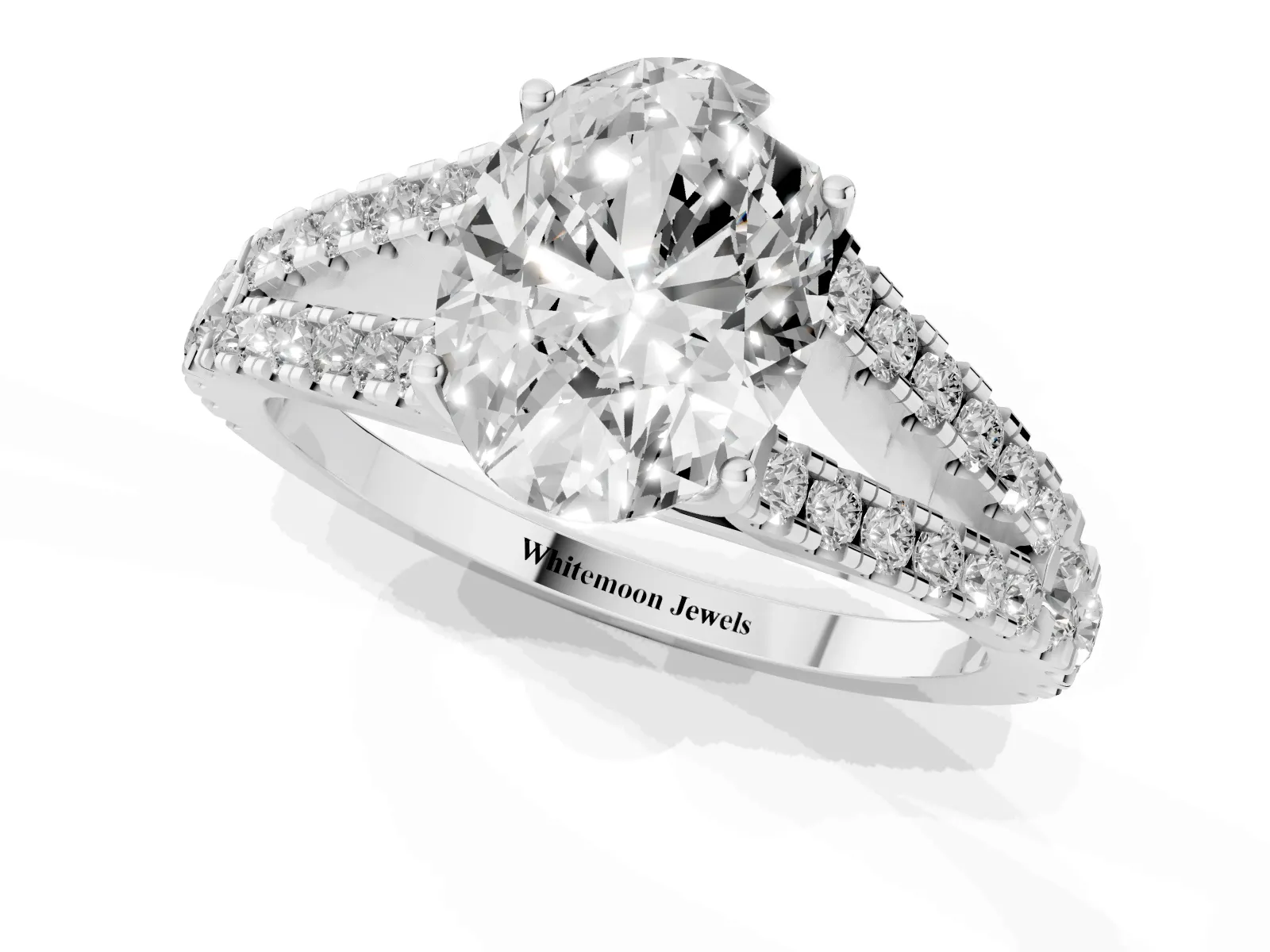 Oval Cut Diamond Split Shank Engagement Ring with Round Pavé and Prong Setting White gold