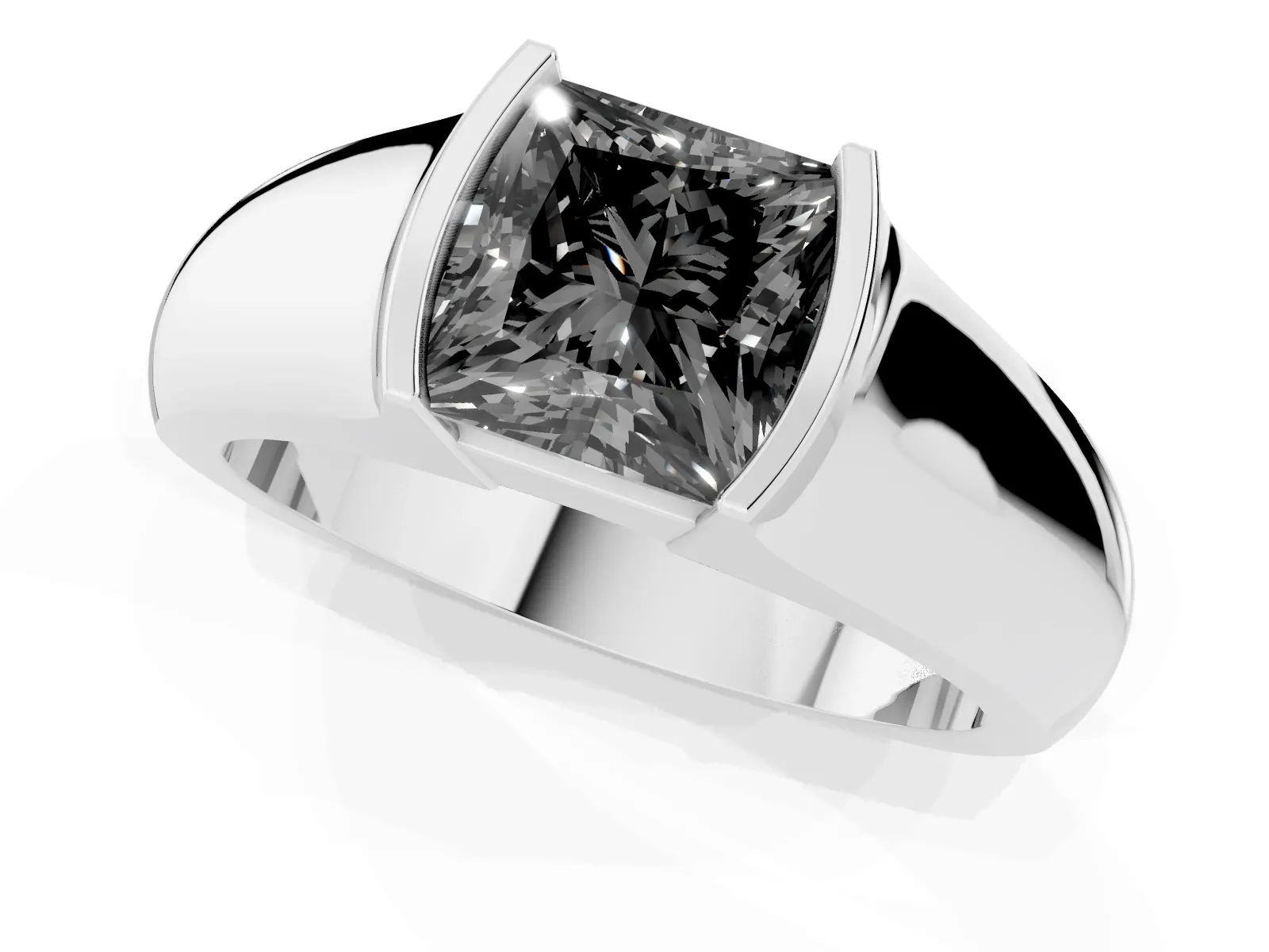 Fancy Black Princess Cut Solitaire Bezel Set Diamond Ring with Wide Band White gold