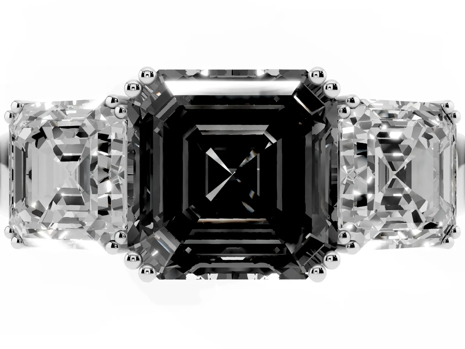 Fancy Black Three-Stone Asscher Cut Cut Diamond Ring with Channel Set Band and Four-Prong Setting White gold