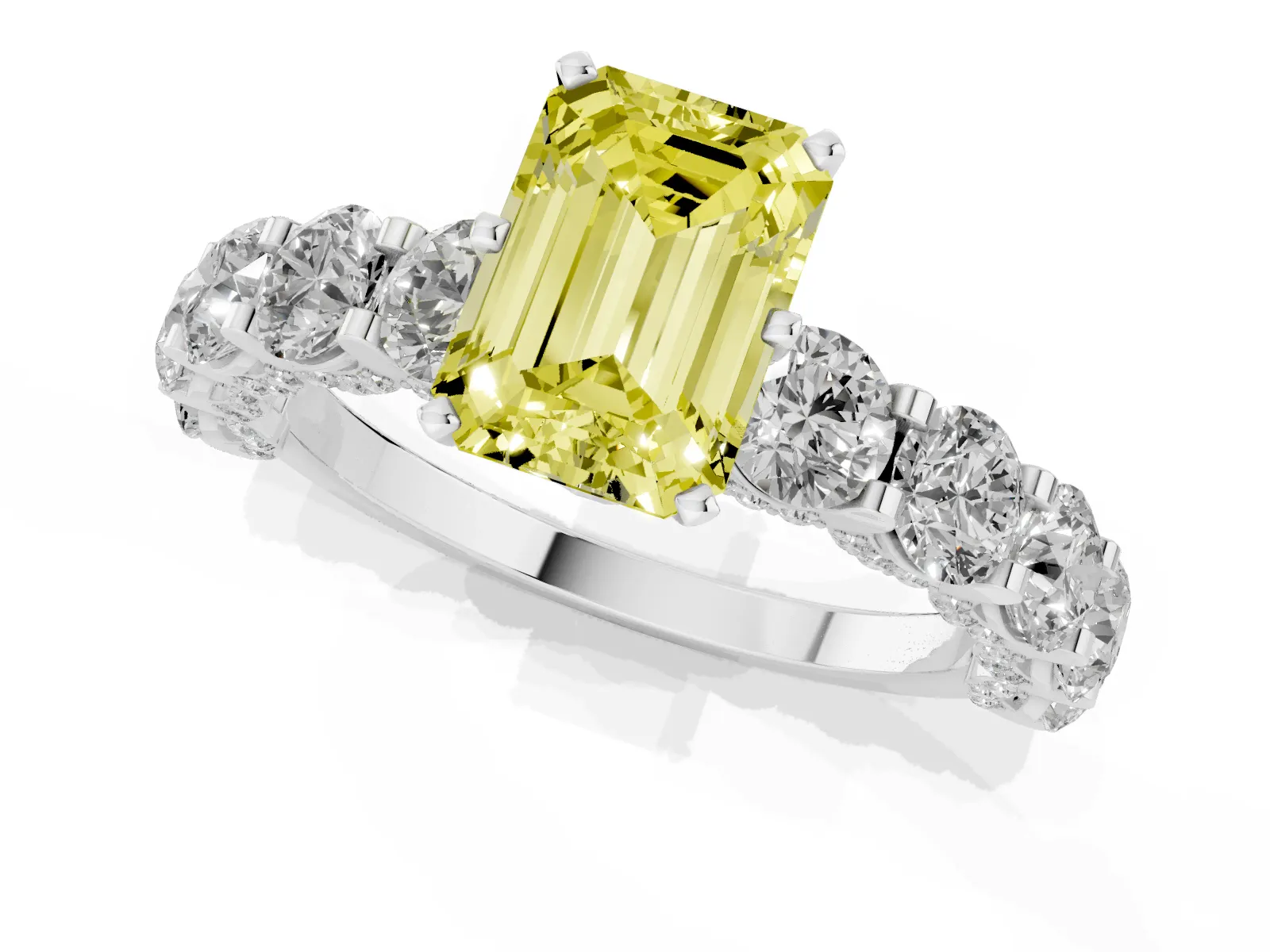 Fancy Yellow Emerald Cut Diamond Side Stone Engagement Ring with Four-Prong Setting Platinum