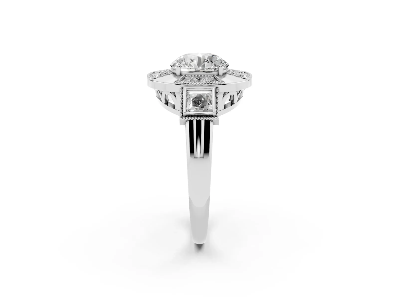 Milgrain Round Cut Diamond Halo Split Shank Ring Platinum