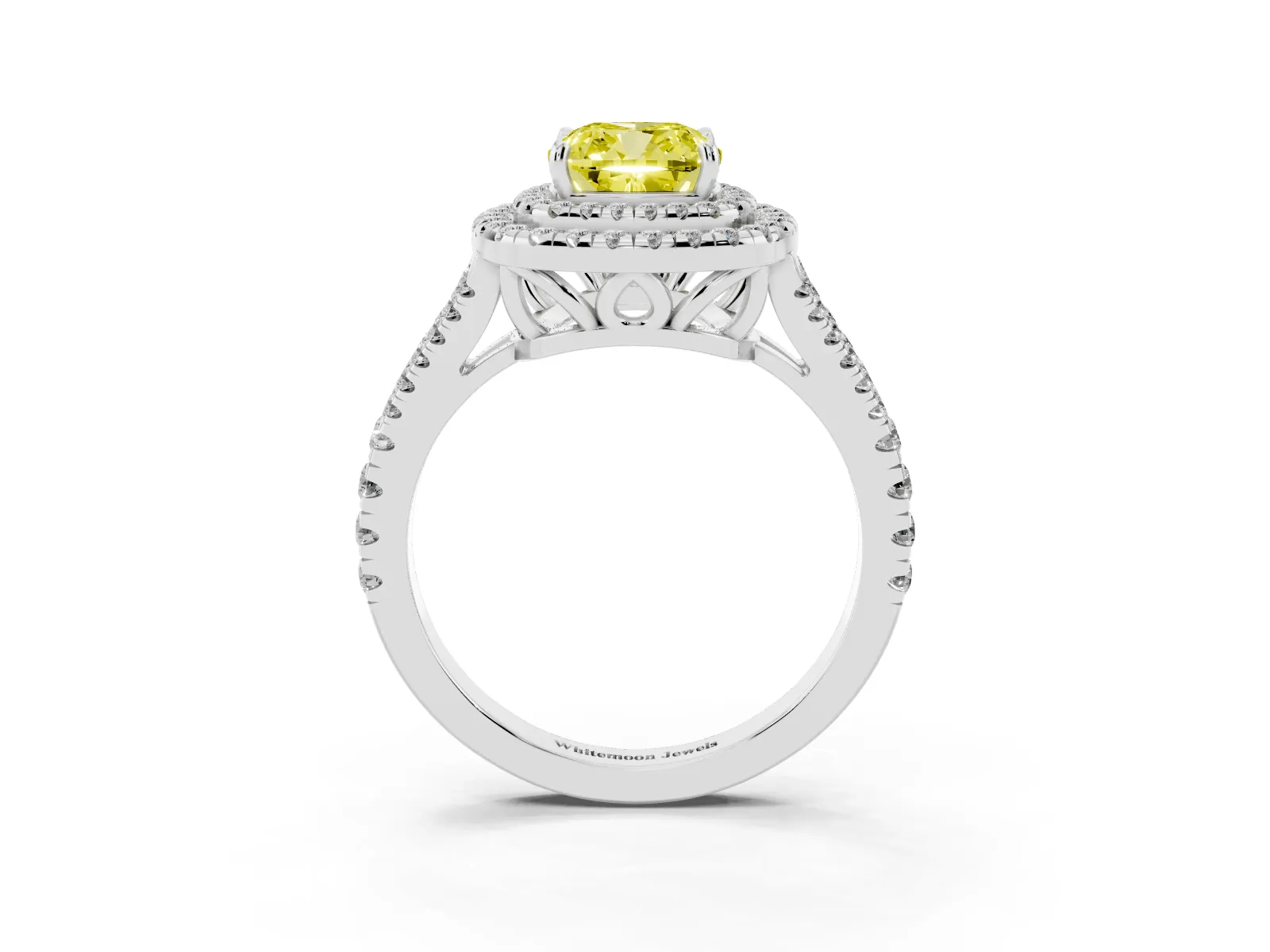 Fancy Yellow Cushion Cut Diamond Double Halo Ring with Pavé Band and Prong Setting Platinum