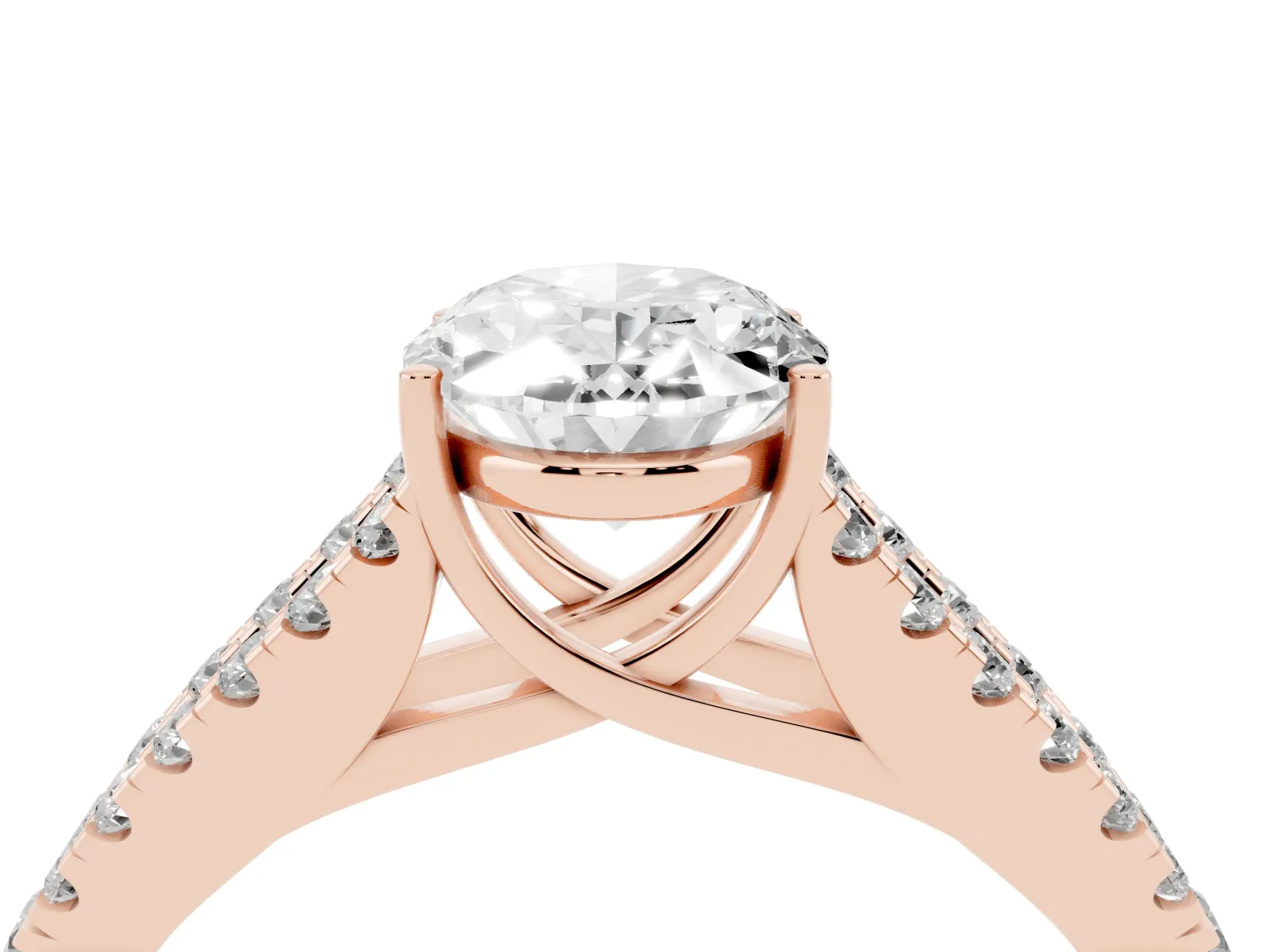 Oval Cut Diamond Split Shank Engagement Ring with Round Pavé and Prong Setting Rose gold