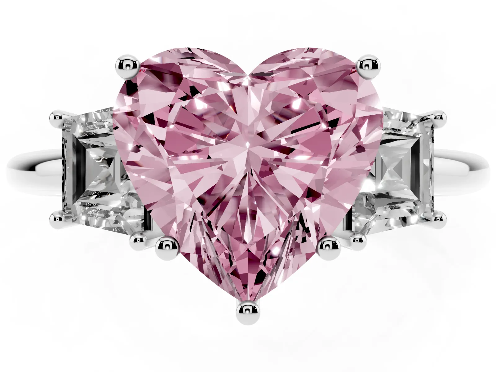 Fancy Pink Heart Cut Diamond Three-Stone Ring with Trapezoid Side Stones and Prong Setting White gold