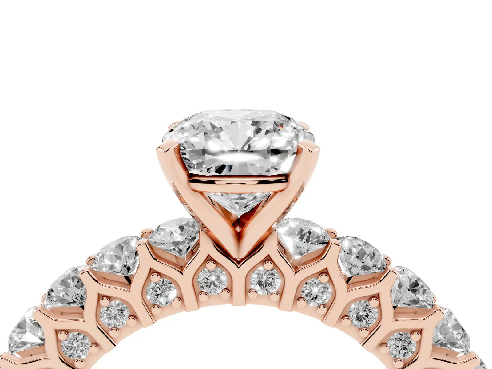 Cushion Cut Diamond Solitaire Ring with Shared Prong Pavé Band and Four-Prong Setting Rose gold
