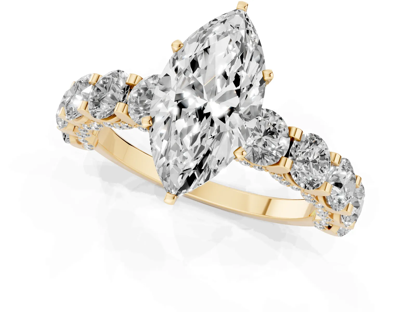 Marquise Cut Diamond Side Stone Engagement Ring with Four-Prong Setting Yellow gold