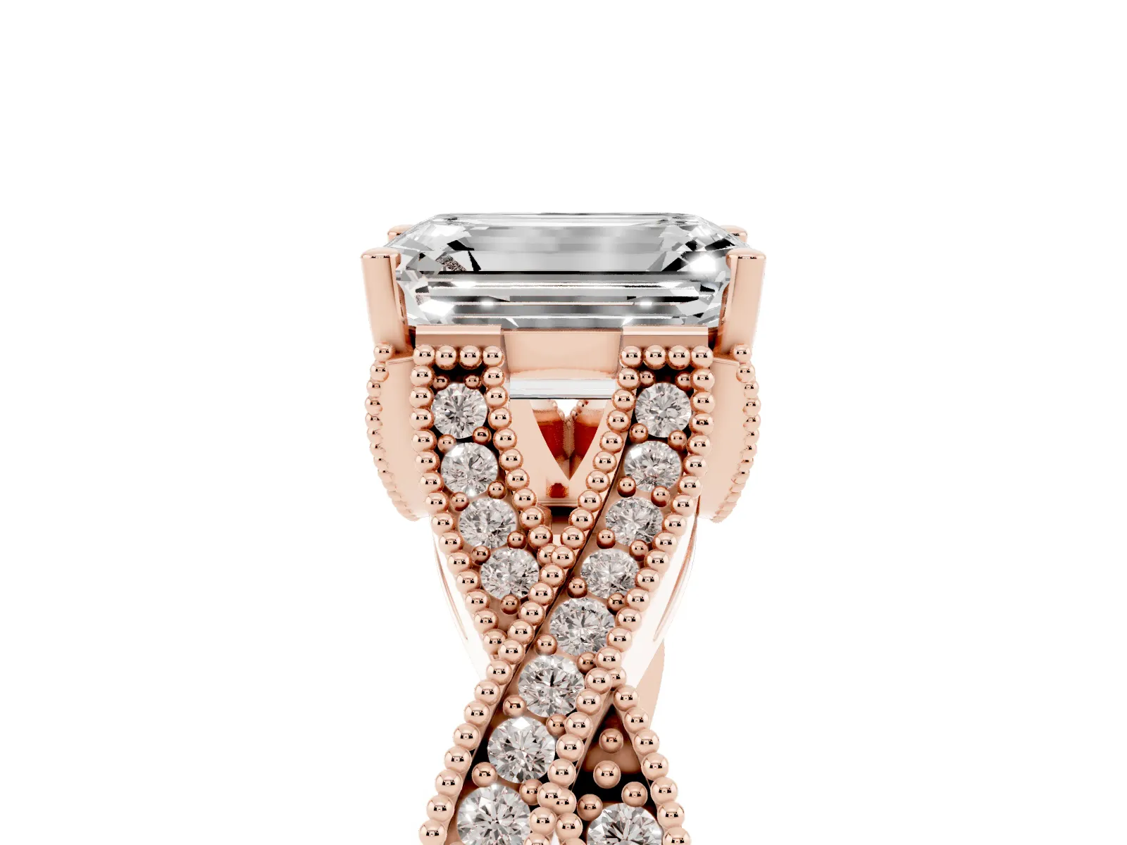 Emerald Cut Cut Diamond Twisted Band with Milgrain Pave Setting and Four-Prong Setting Rose gold