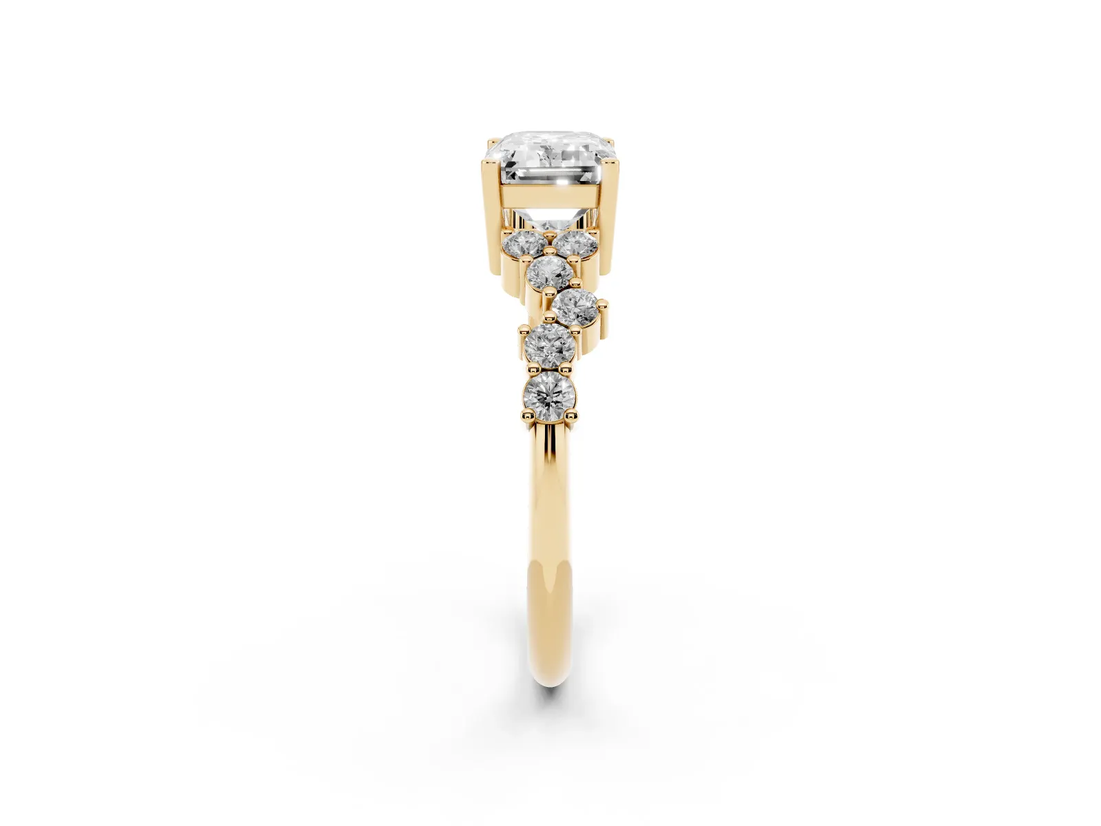 Emerald Cut Diamond Scattered Round Accent Ring with Prong Setting Yellow gold
