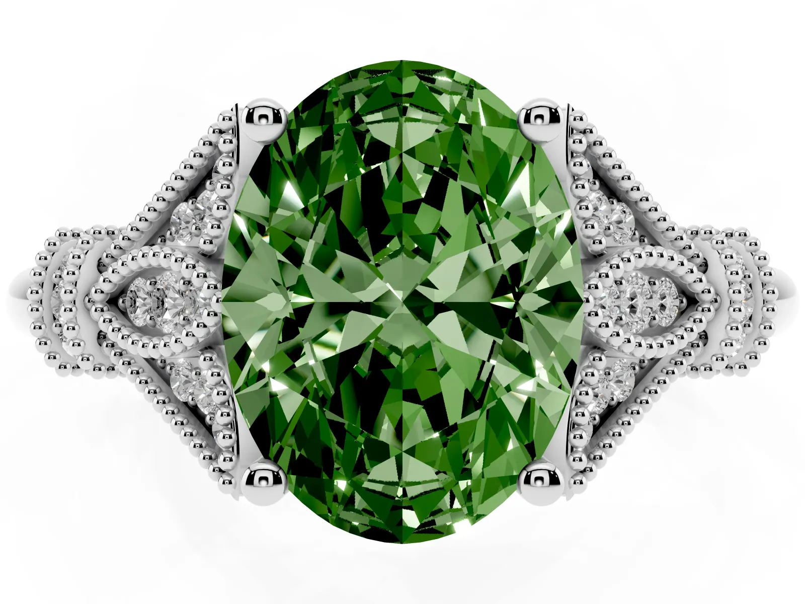 Fancy Green Oval Cut Diamond Solitaire Ring with Floral Filigree and Pave Accents White gold