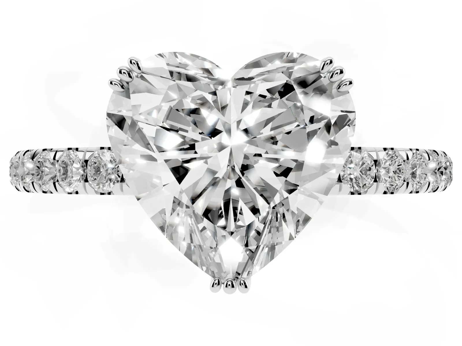 Heart Cut Brilliant Solitaire with Pavé Band and Claw Prong Setting Silver