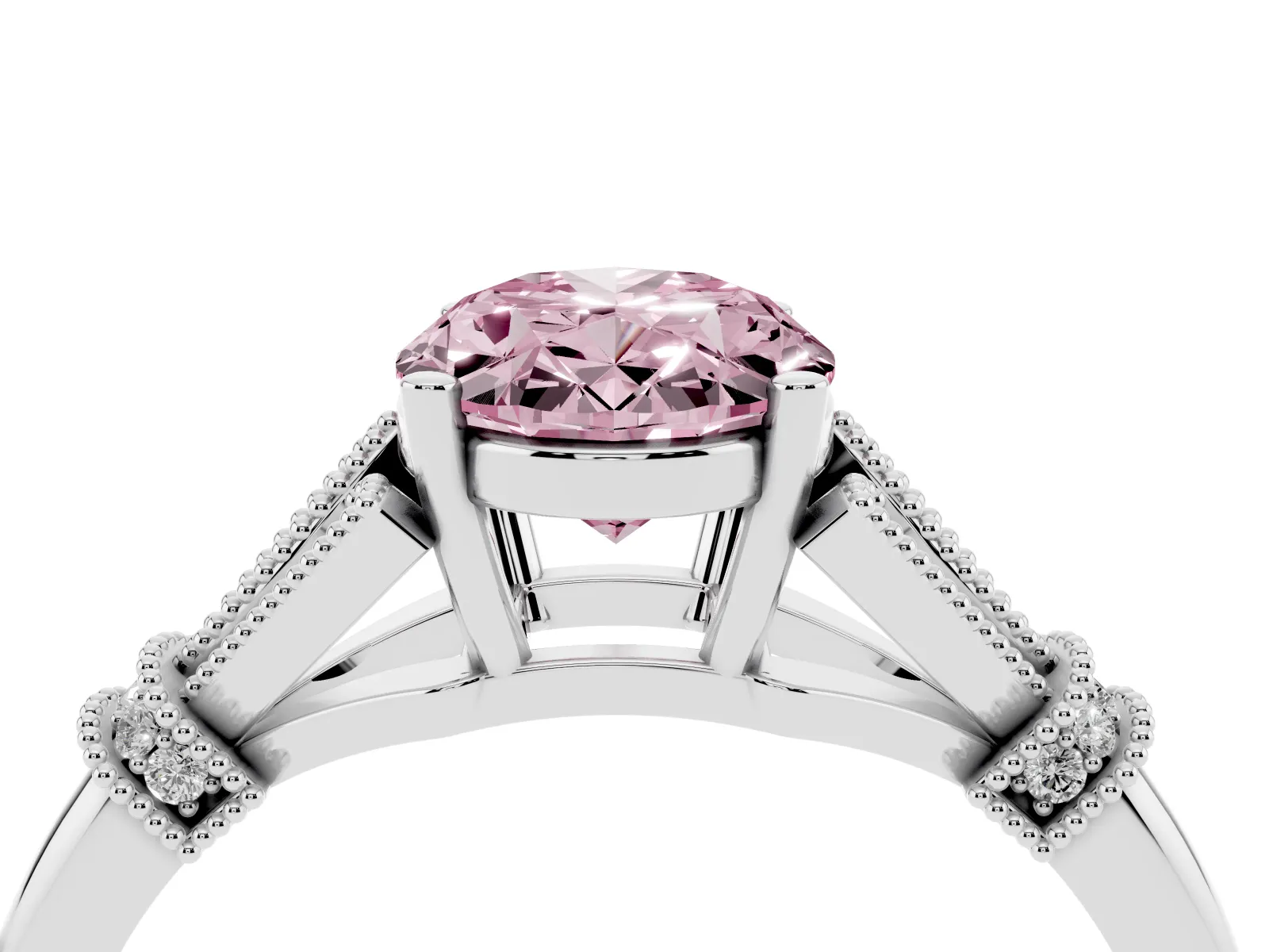 Fancy Pink Oval Cut Diamond Solitaire Ring with Floral Filigree and Pave Accents White gold