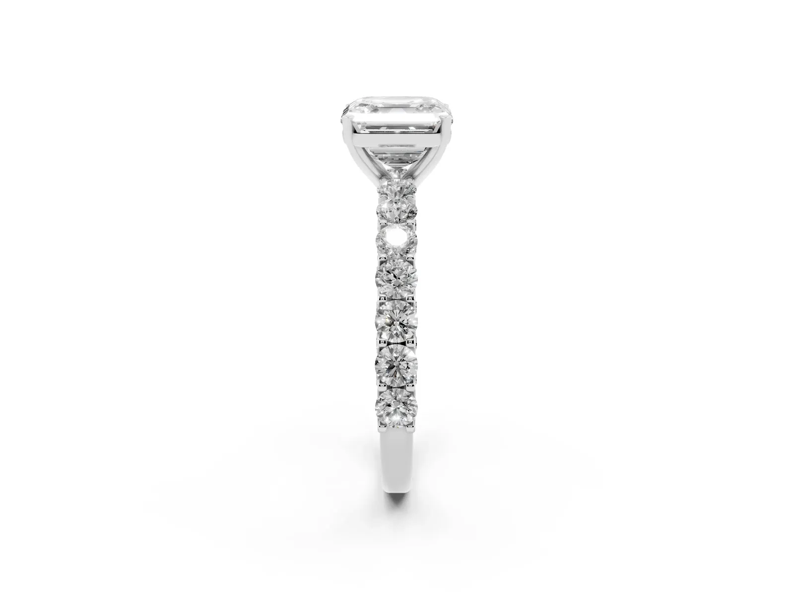 Asscher Cut Diamond Solitaire Ring with Shared Prong Pavé Band and Four-Prong Setting White gold