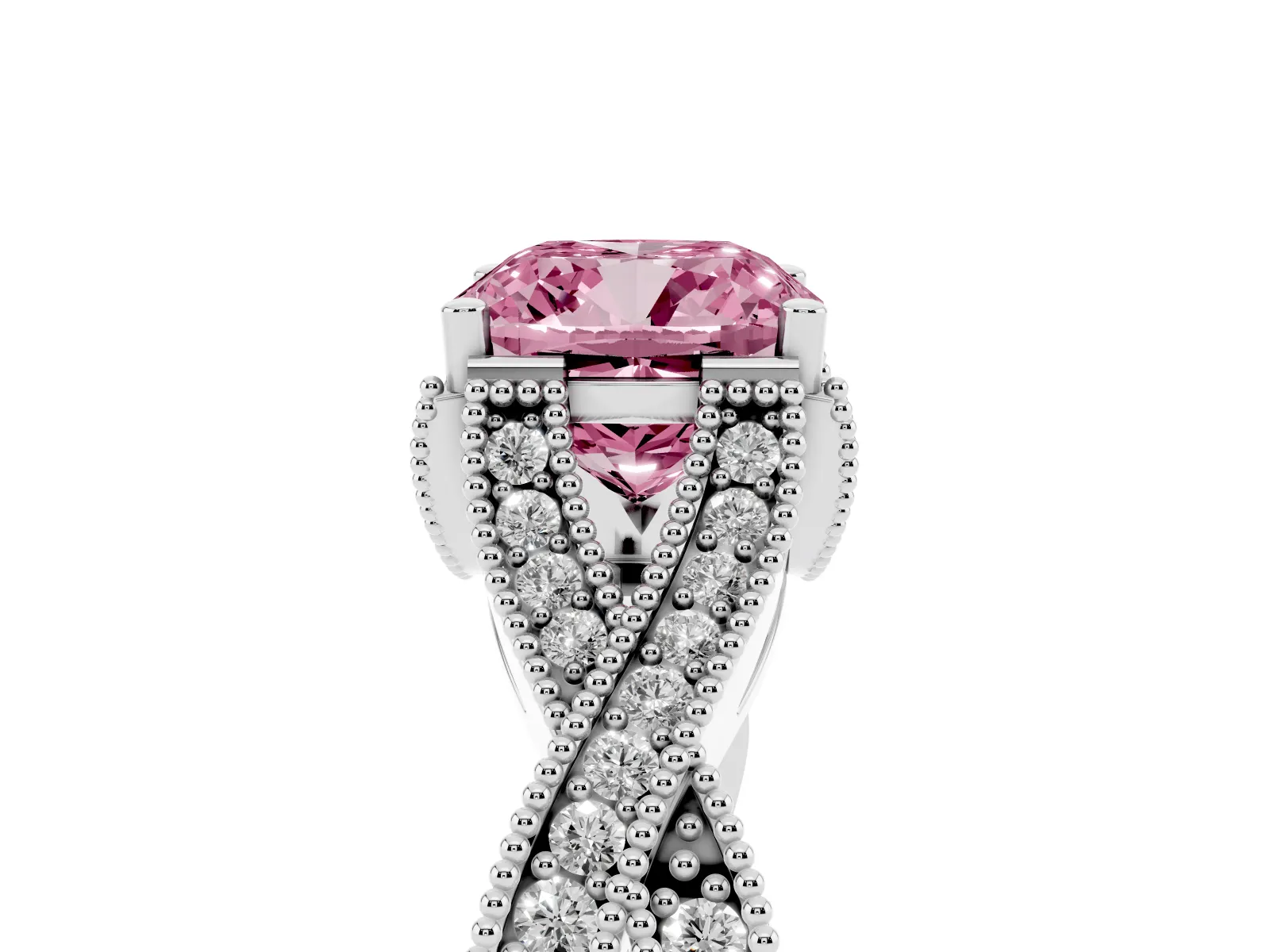 Fancy Pink Cushion Cut Cut Diamond Twisted Band with Milgrain Pave Setting and Four-Prong Setting Platinum