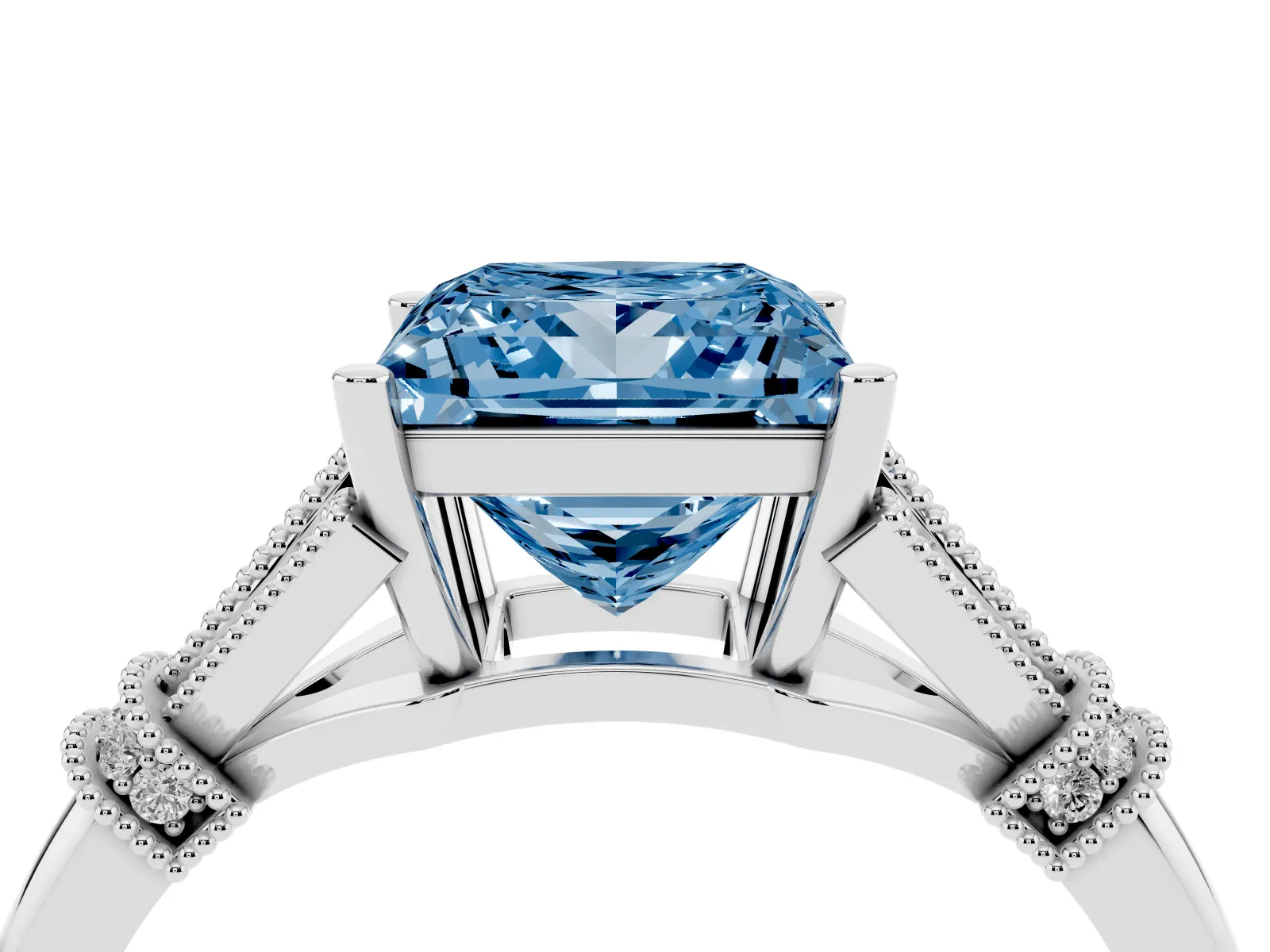 Fancy Blue Princess Cut Diamond Solitaire Ring with Floral Filigree and Pave Accents Platinum