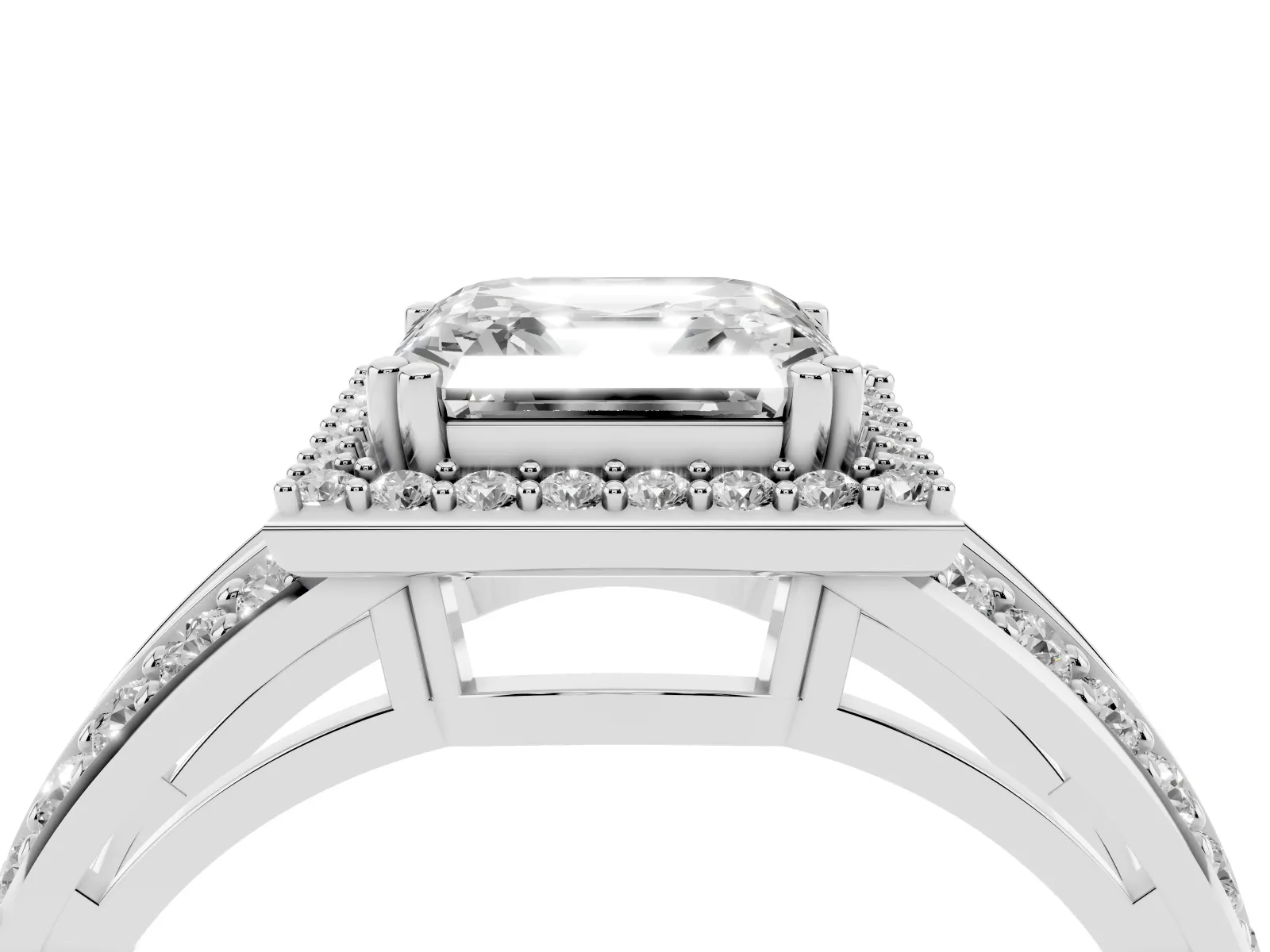 Asscher Cut Diamond Halo Ring with Split Shank Pavé Band and Four-Prong Setting Platinum