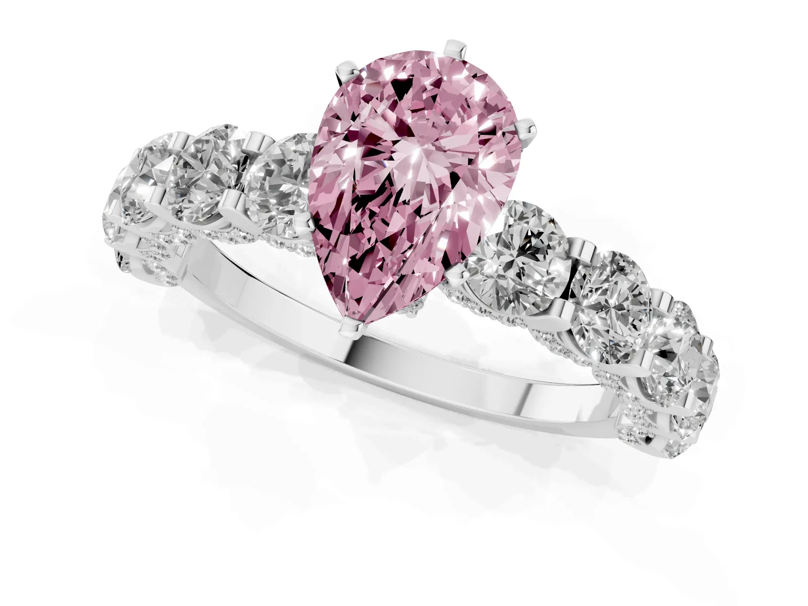 Fancy Pink Pear Cut Diamond Side Stone Engagement Ring with Four-Prong Setting Platinum