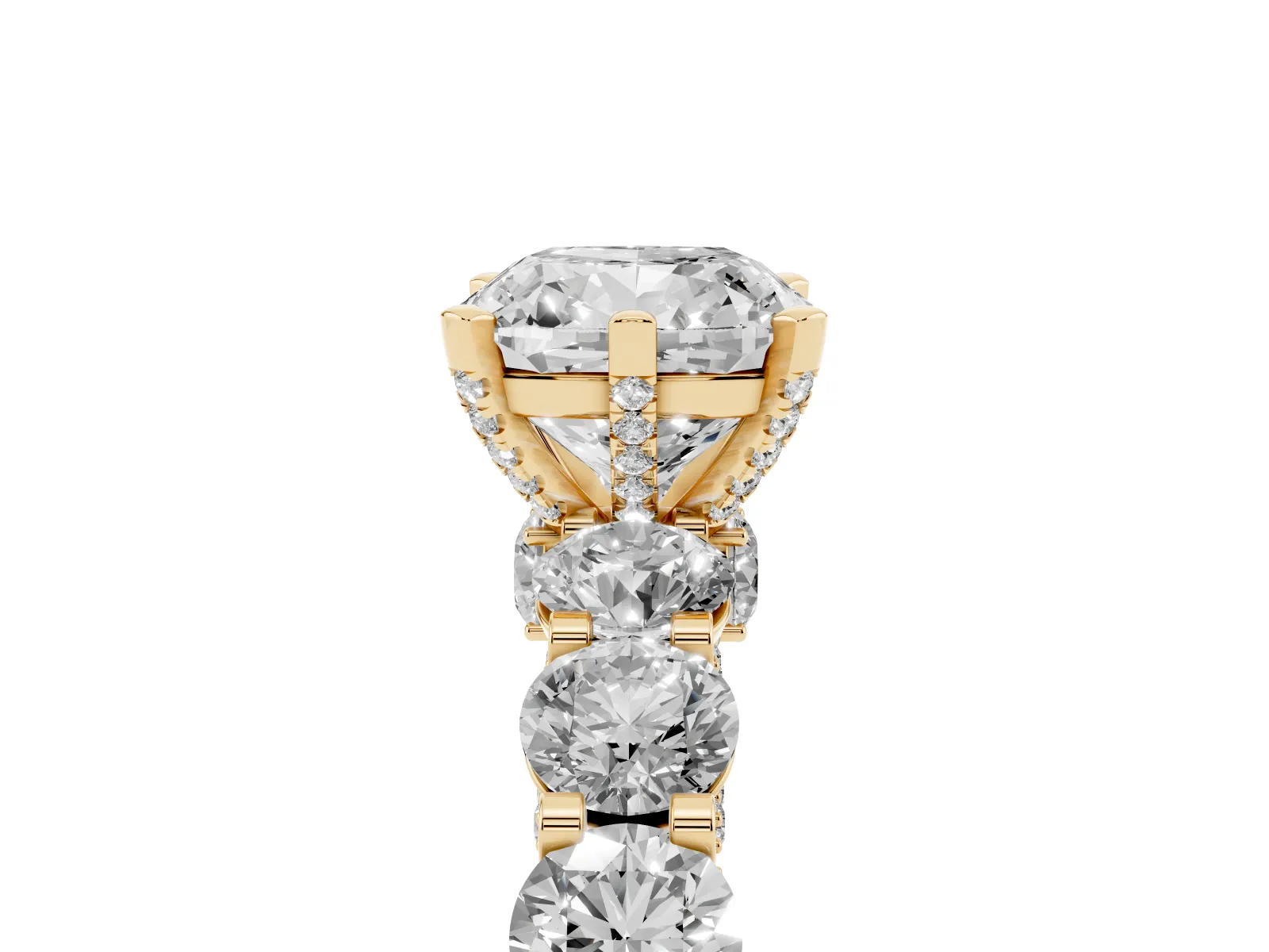 Cushion Cut Diamond Side Stone Engagement Ring with Four-Prong Setting Yellow gold