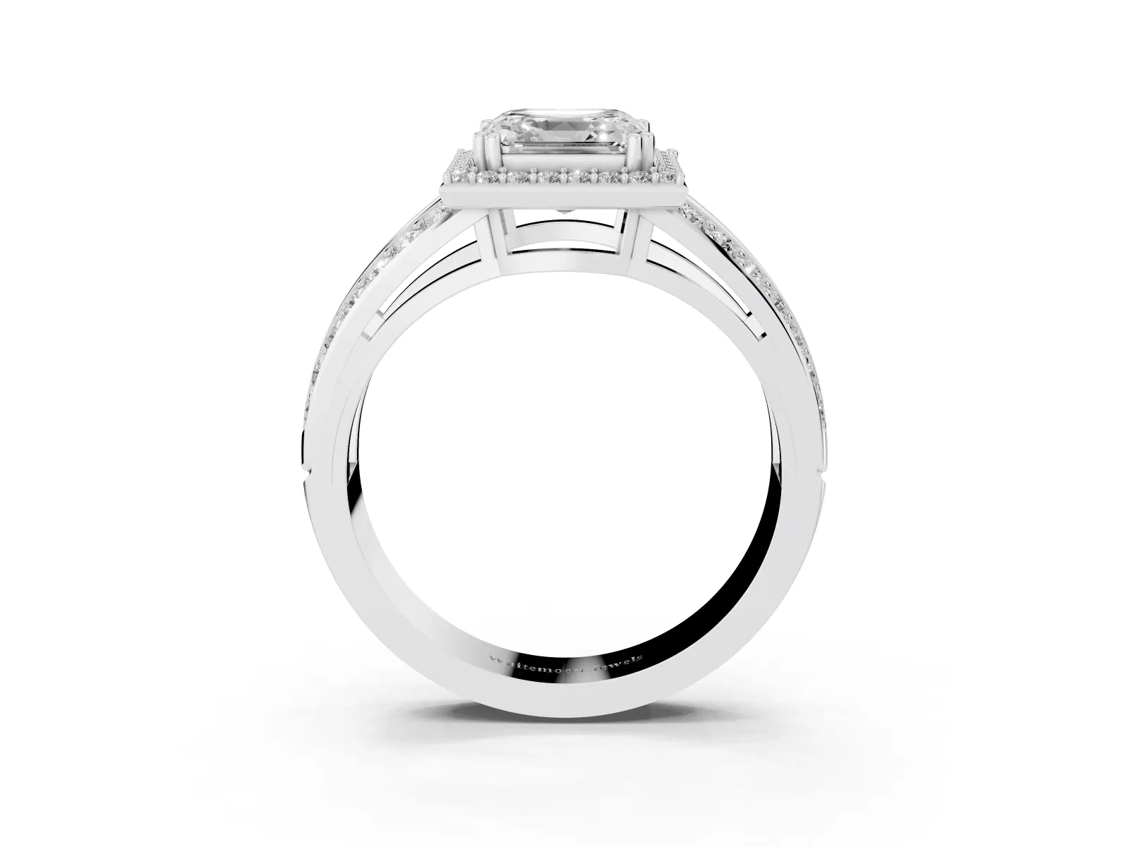 Asscher Cut Diamond Halo Ring with Split Shank Pavé Band and Four-Prong Setting Platinum