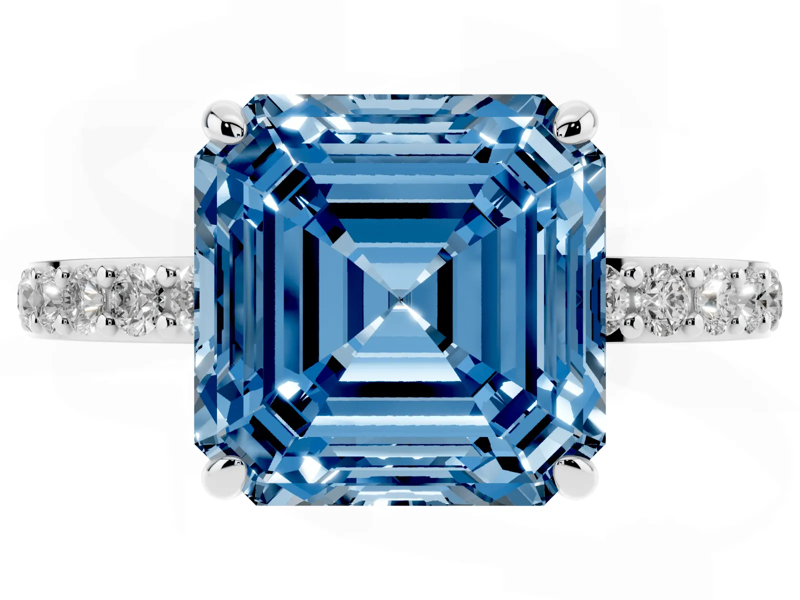 Fancy Blue Asscher Cut Diamond Solitaire Engagement Ring with Pavé Band and Four-Prong Setting White gold
