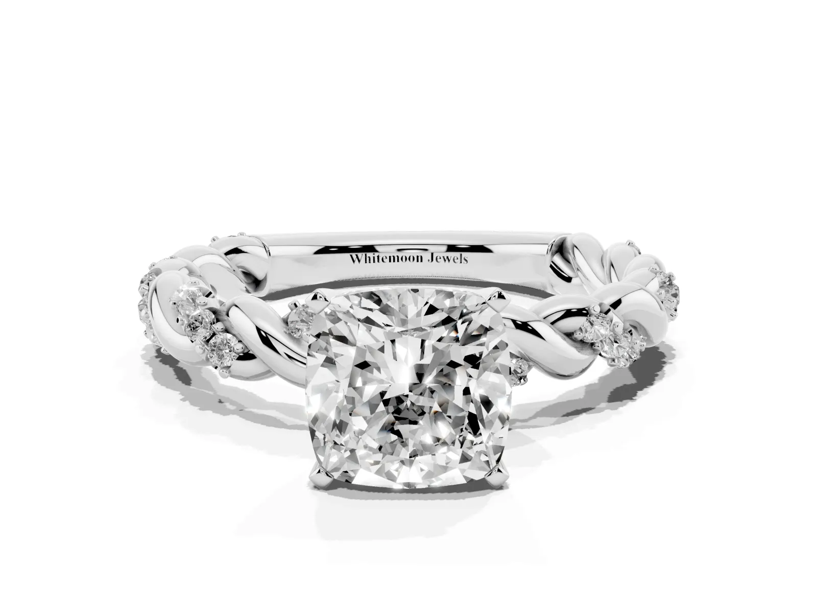 Cushion Cut Diamond Solitaire Ring with Twisted Band and Pavé Accents White gold
