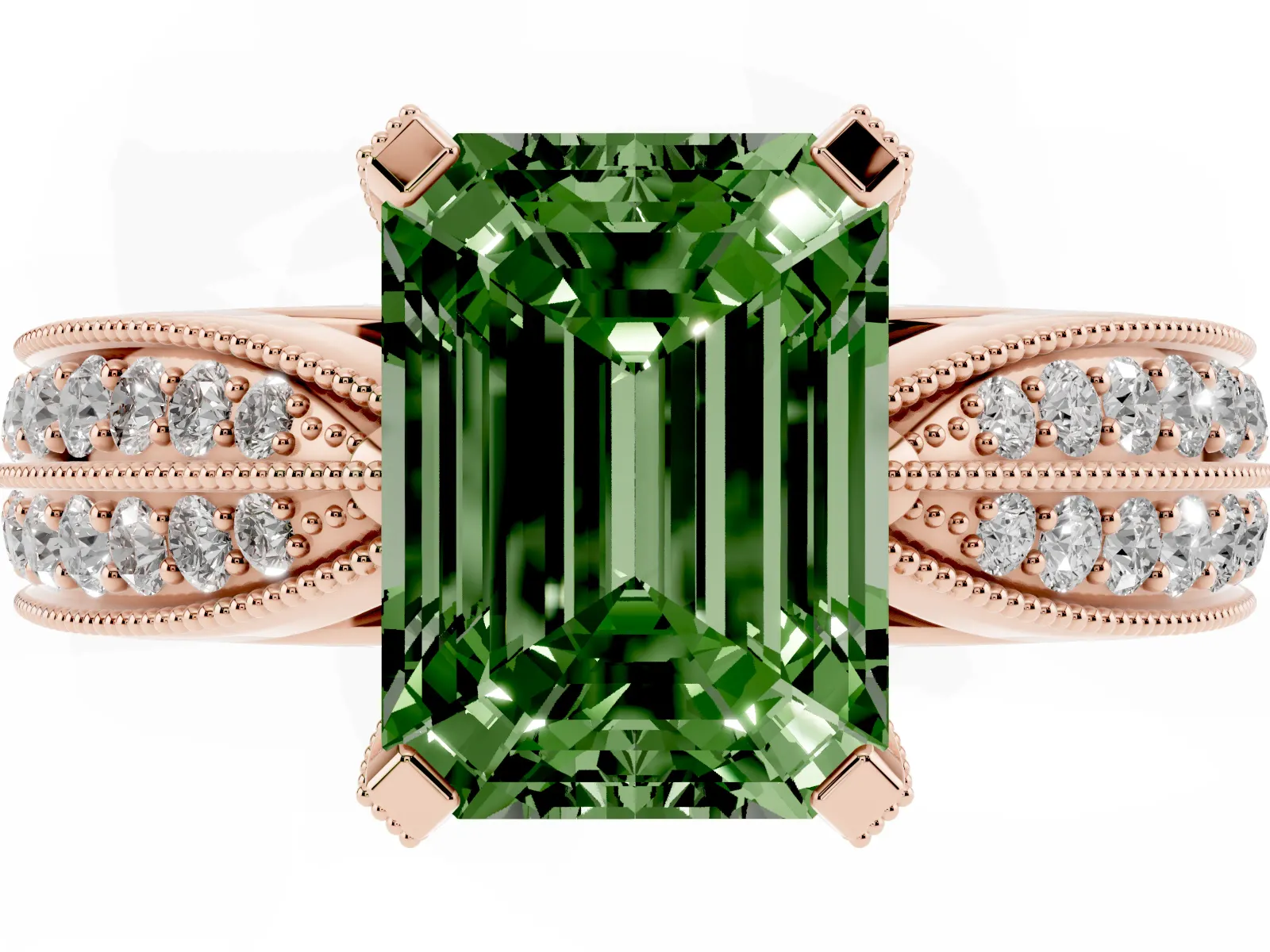 Fancy Green Emerald Cut Diamond Solitaire Ring with Milgrain Round Pavé Band and Prong Setting Rose gold
